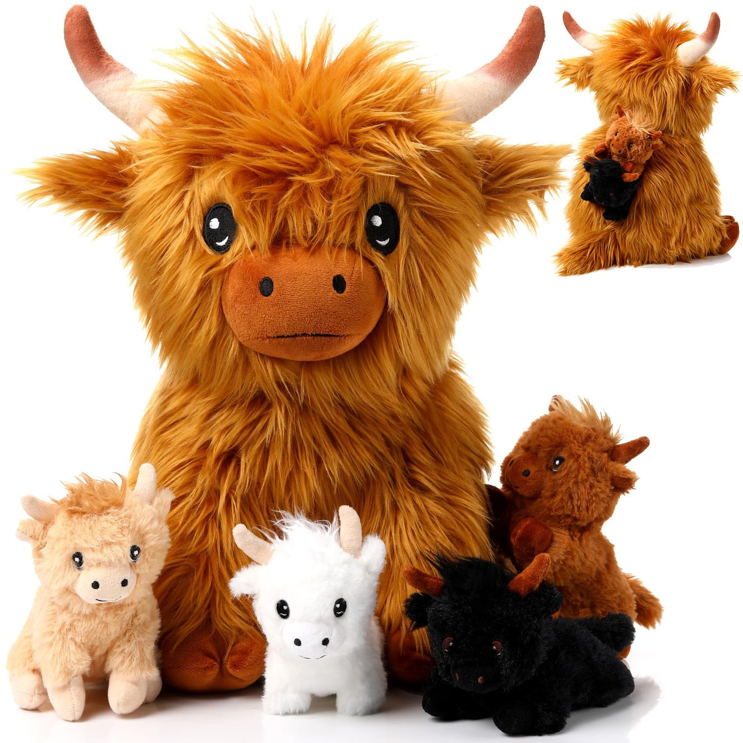 HyDren 5 Pcs Highland Cows Plush Set — 13.78-Inch Mommy Cow + 4 Babies, Soft Plush Toy Set