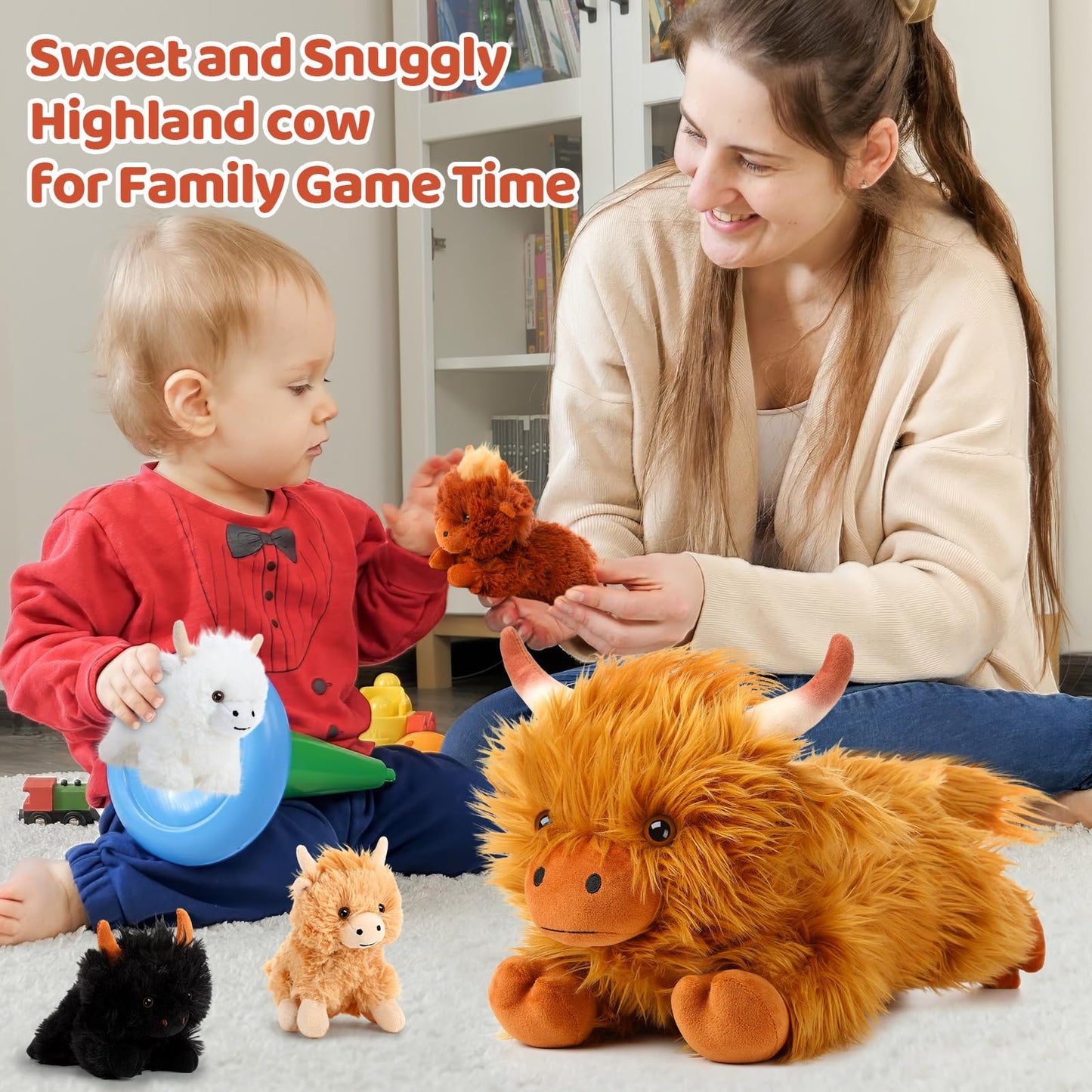 HyDren 5 Pcs Highland Cow Plush Set – 13.78 Inch Mommy + 4 Babies