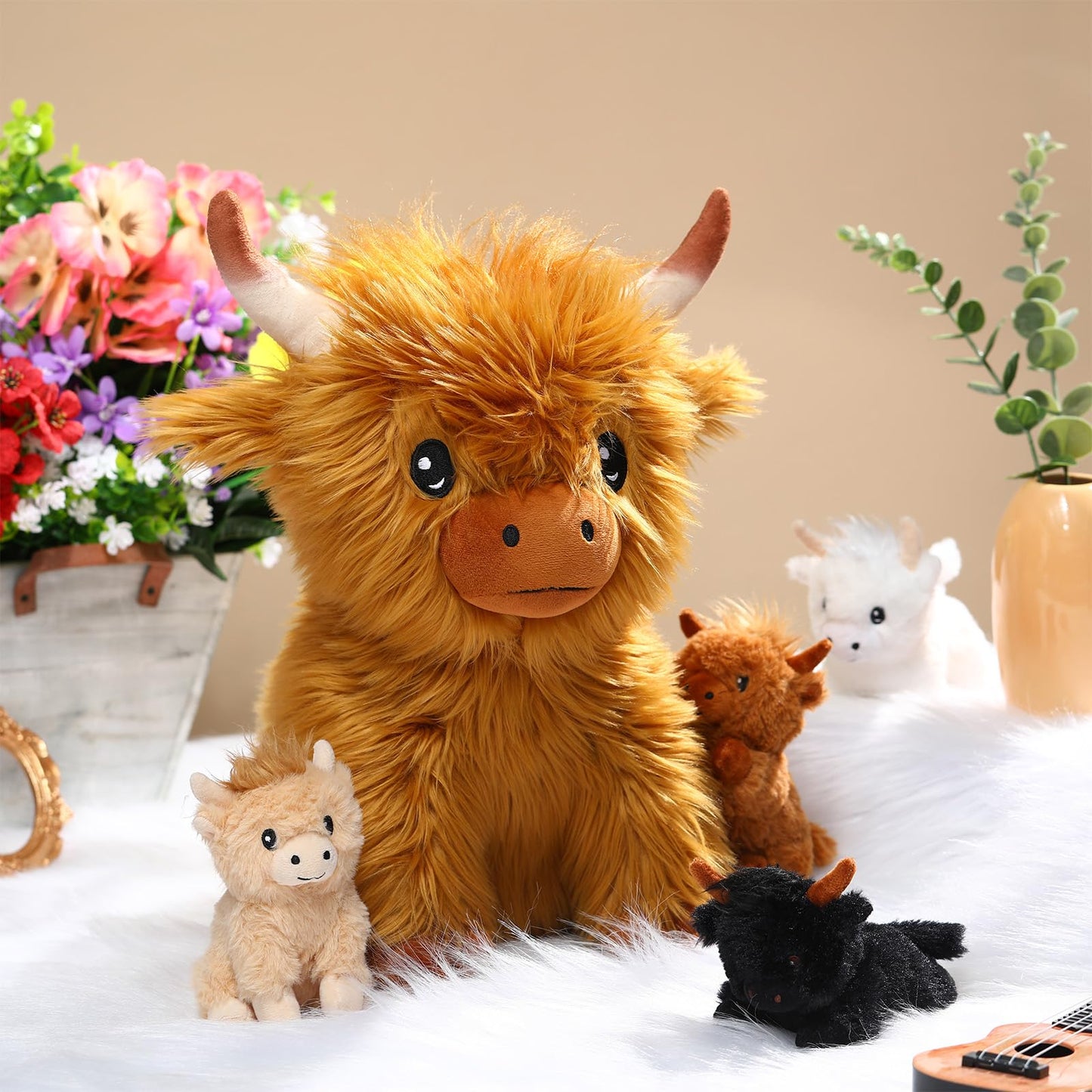 HyDren 5 Pcs Highland Cows Plush Set — 13.78-Inch Mommy Cow + 4 Babies, Soft Plush Toy Set
