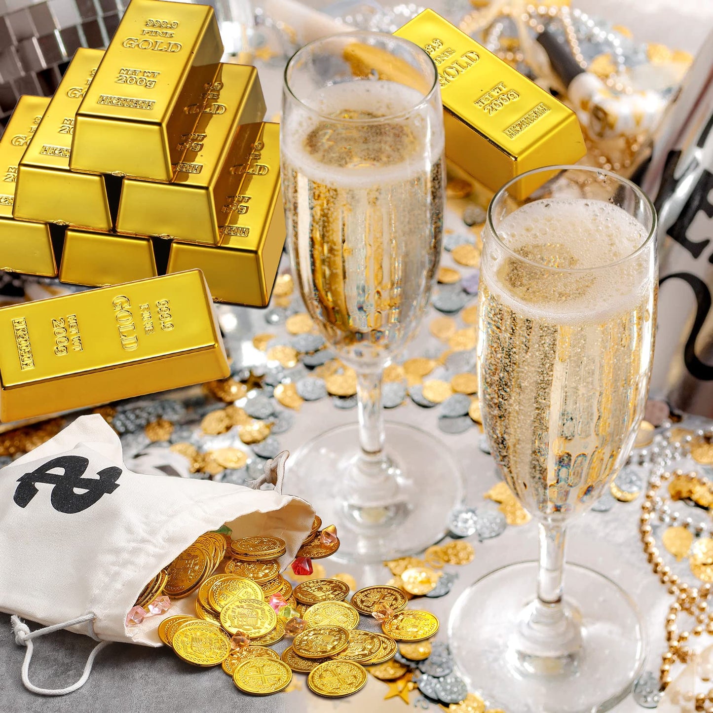 HyDren 24 Pcs Fake Gold Bar Prop Set with Canvas Money Bags | Movie & Party Decor