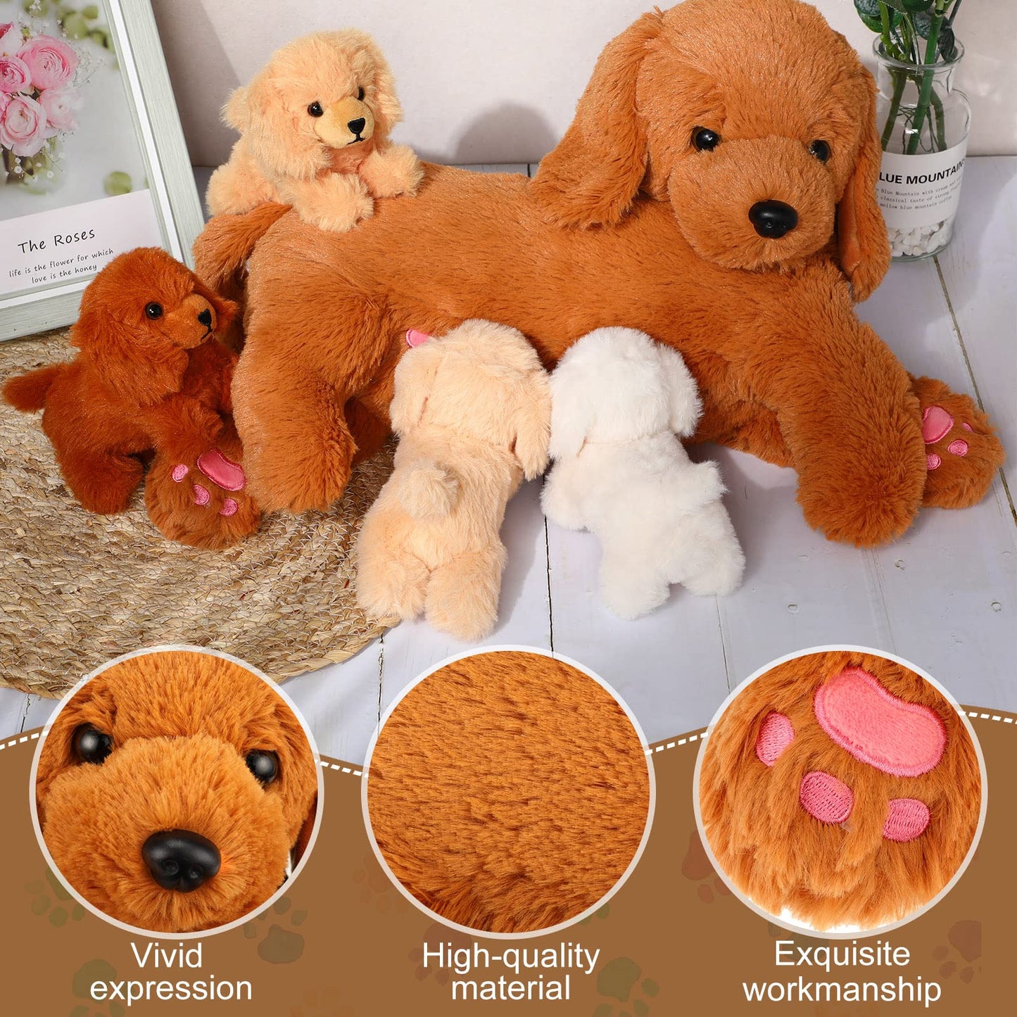 HyDren Nurturing Dog Stuffed Animal Set – 1 Mother & 4 Puppies, Soft Plush for Party Favors