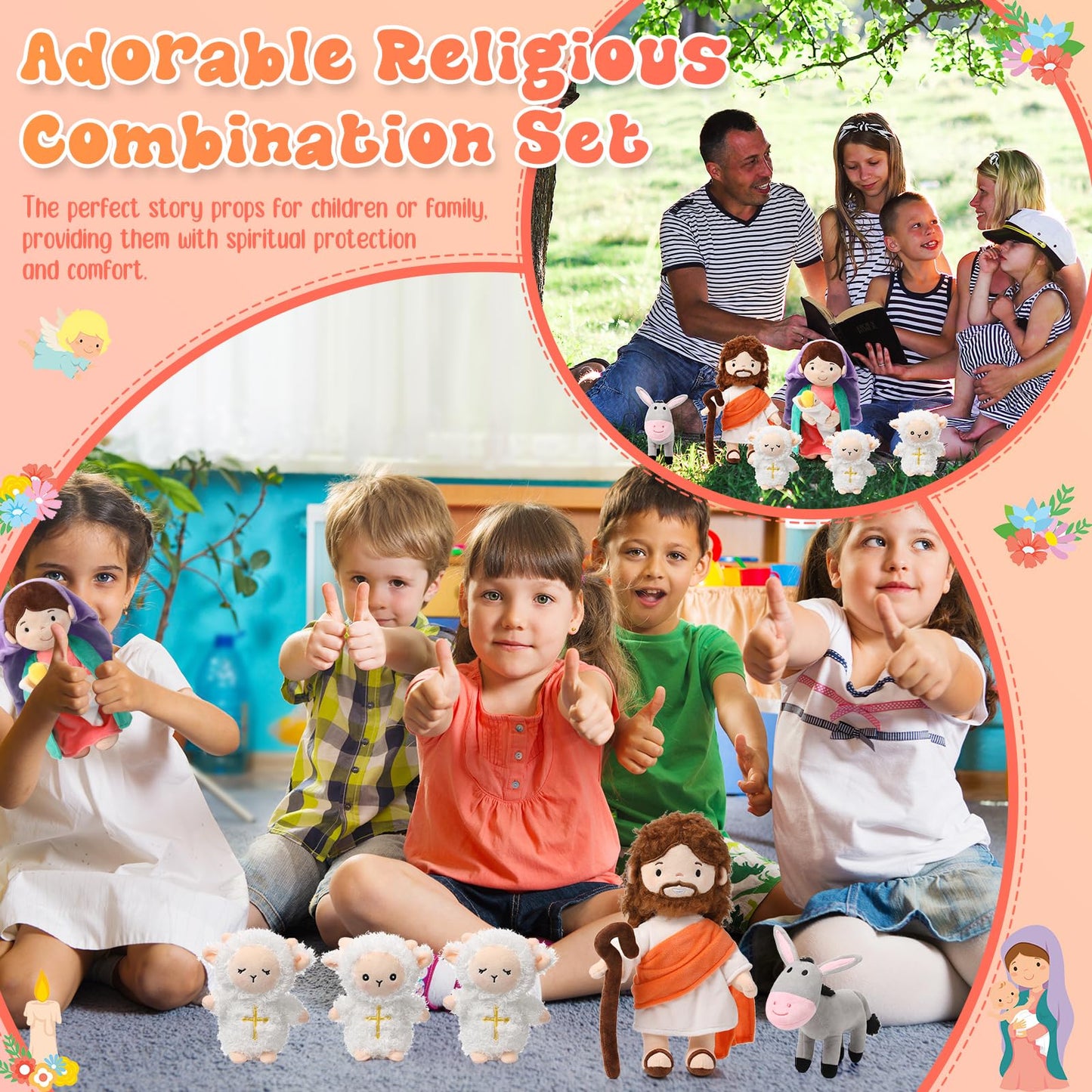 HyDren 6-Piece Plush Nativity Set – 11-Inch Mary, Baby Jesus, Donkey & Lambs