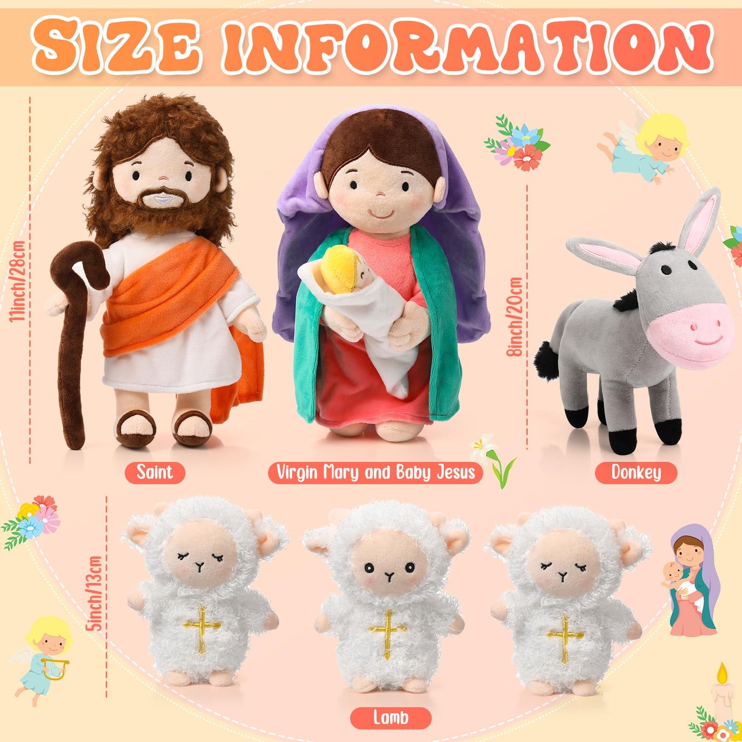 HyDren 6-Piece Plush Nativity Set – 11-Inch Mary, Baby Jesus, Donkey & Lambs