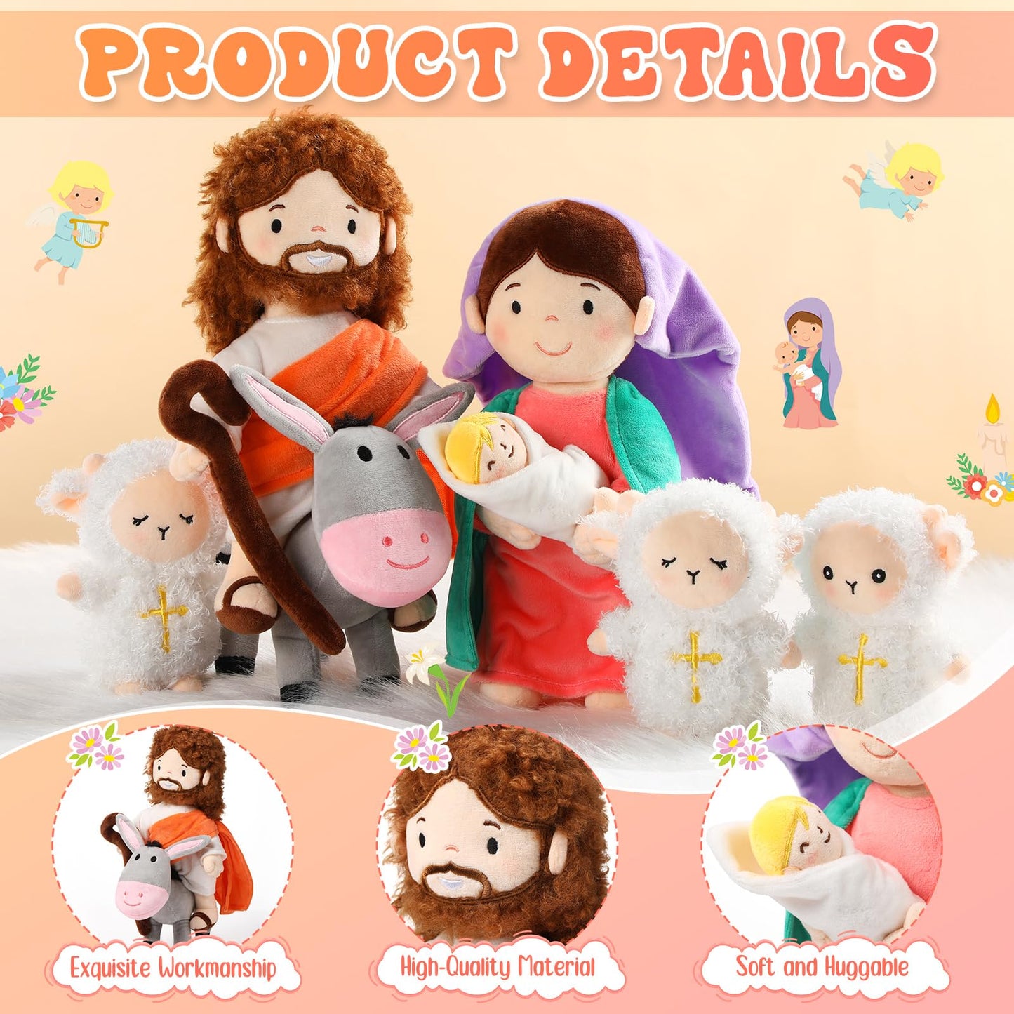 HyDren 6-Piece Plush Nativity Set – 11-Inch Mary, Baby Jesus, Donkey & Lambs