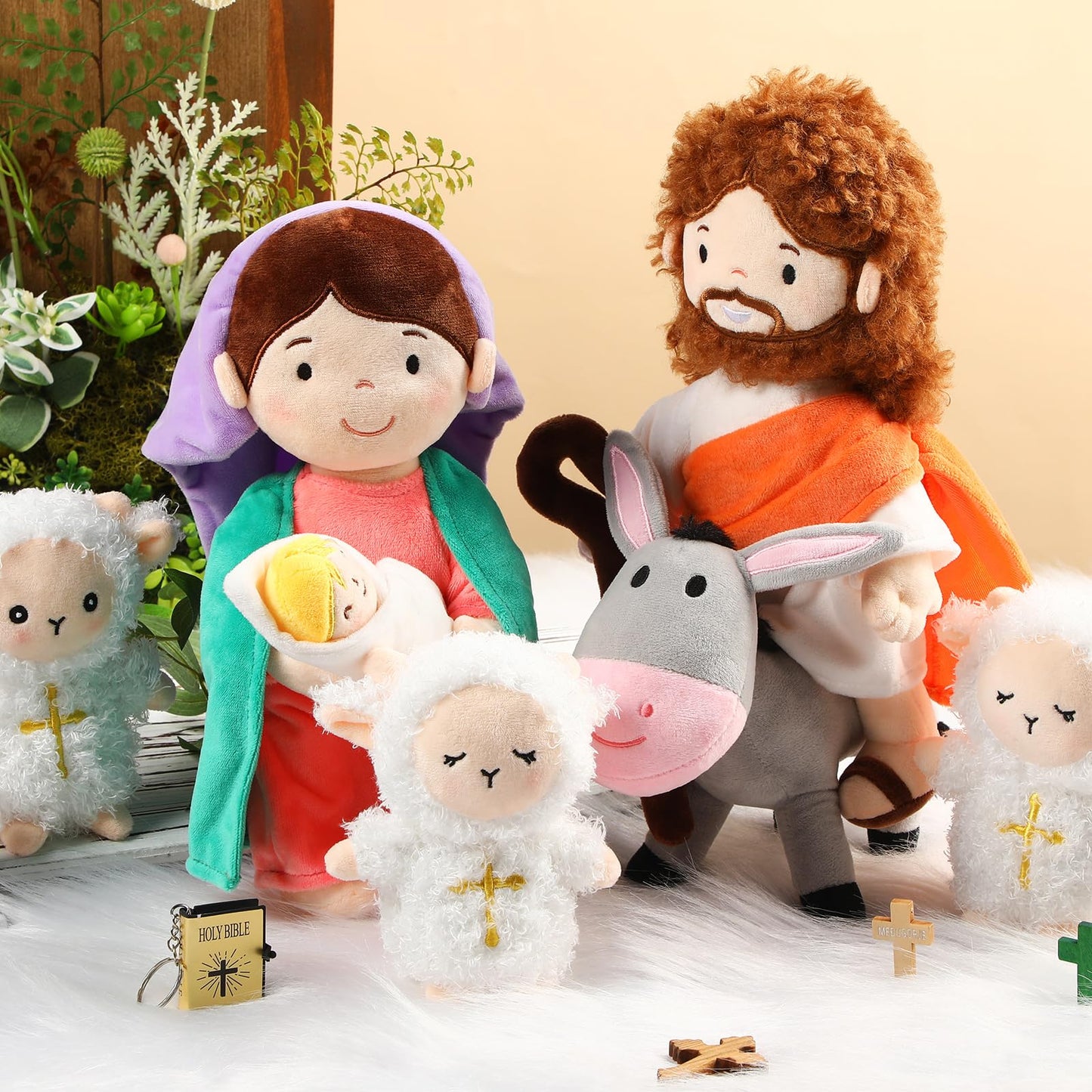 HyDren 6-Piece Plush Nativity Set – 11-Inch Mary, Baby Jesus, Donkey & Lambs