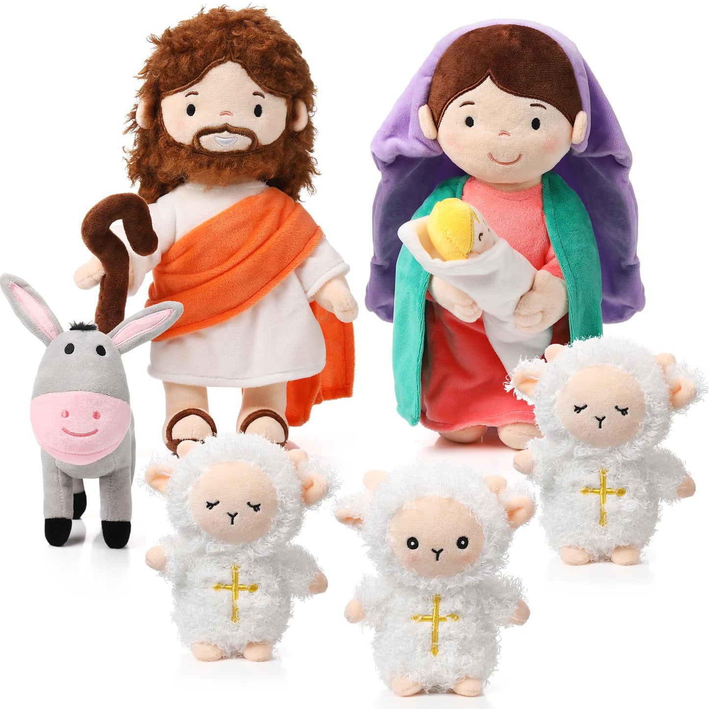 HyDren 6-Piece Plush Nativity Set – 11-Inch Mary, Baby Jesus, Donkey & Lambs