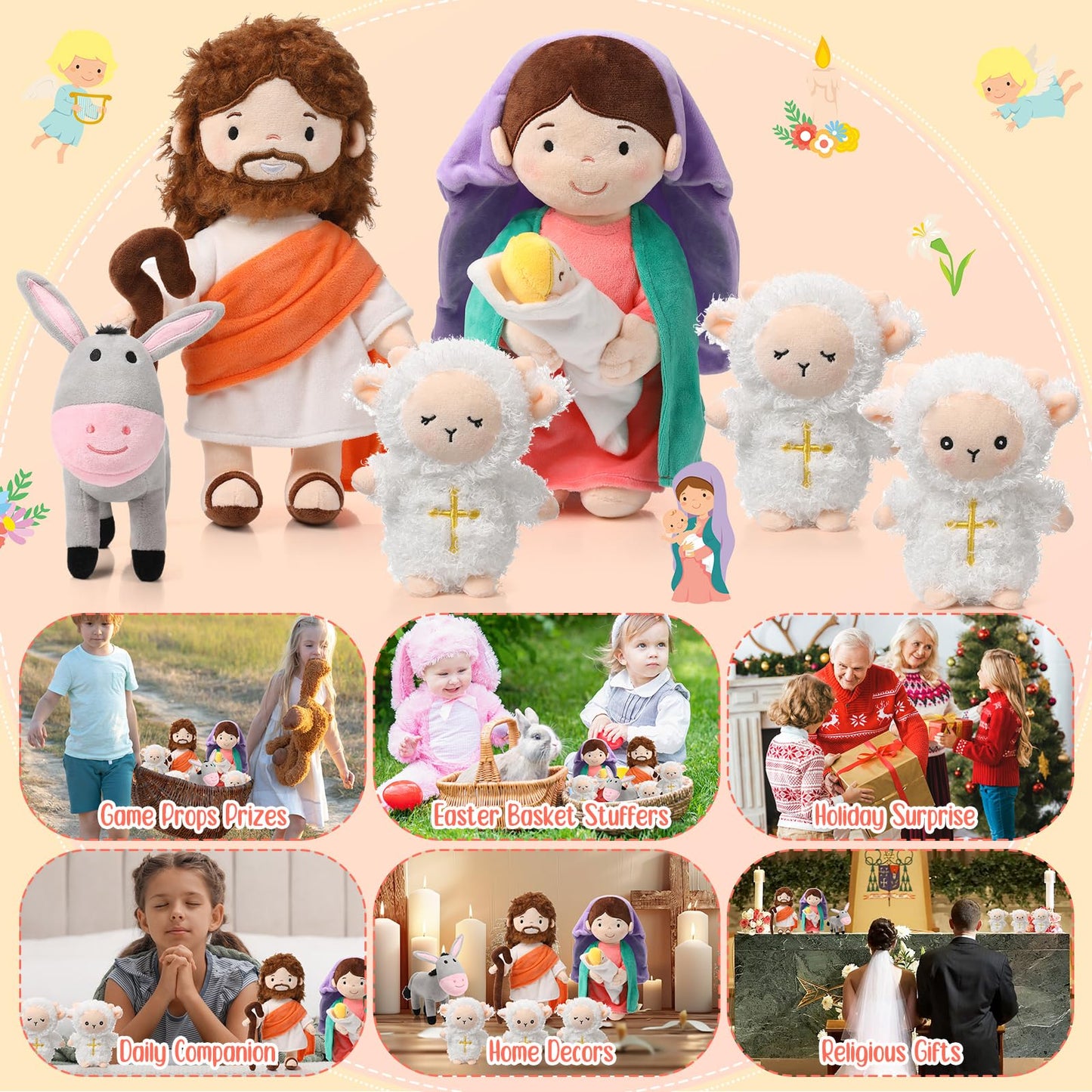 HyDren 6-Piece Plush Nativity Set – 11-Inch Mary, Baby Jesus, Donkey & Lambs