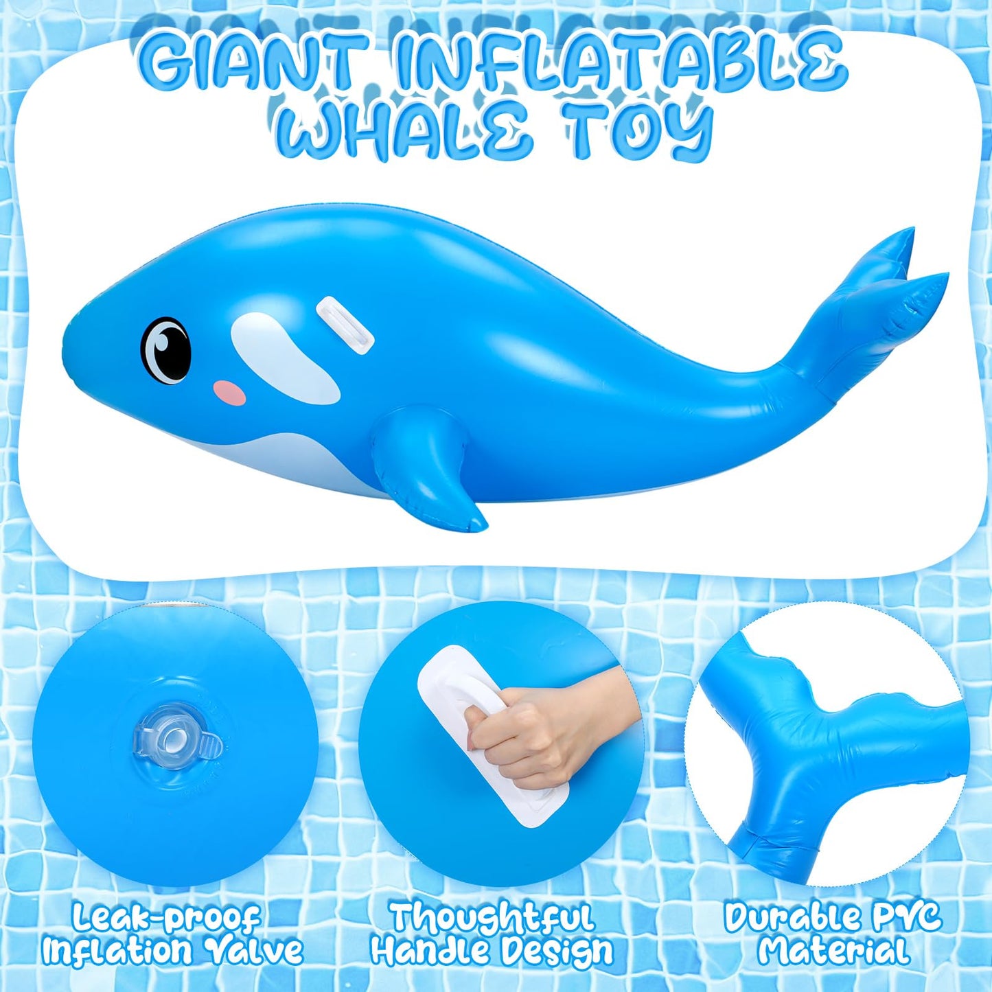 HyDren 79-Inch Giant Inflatable Whale Pool Float – Realistic Sea Animal Ride-On with Handles