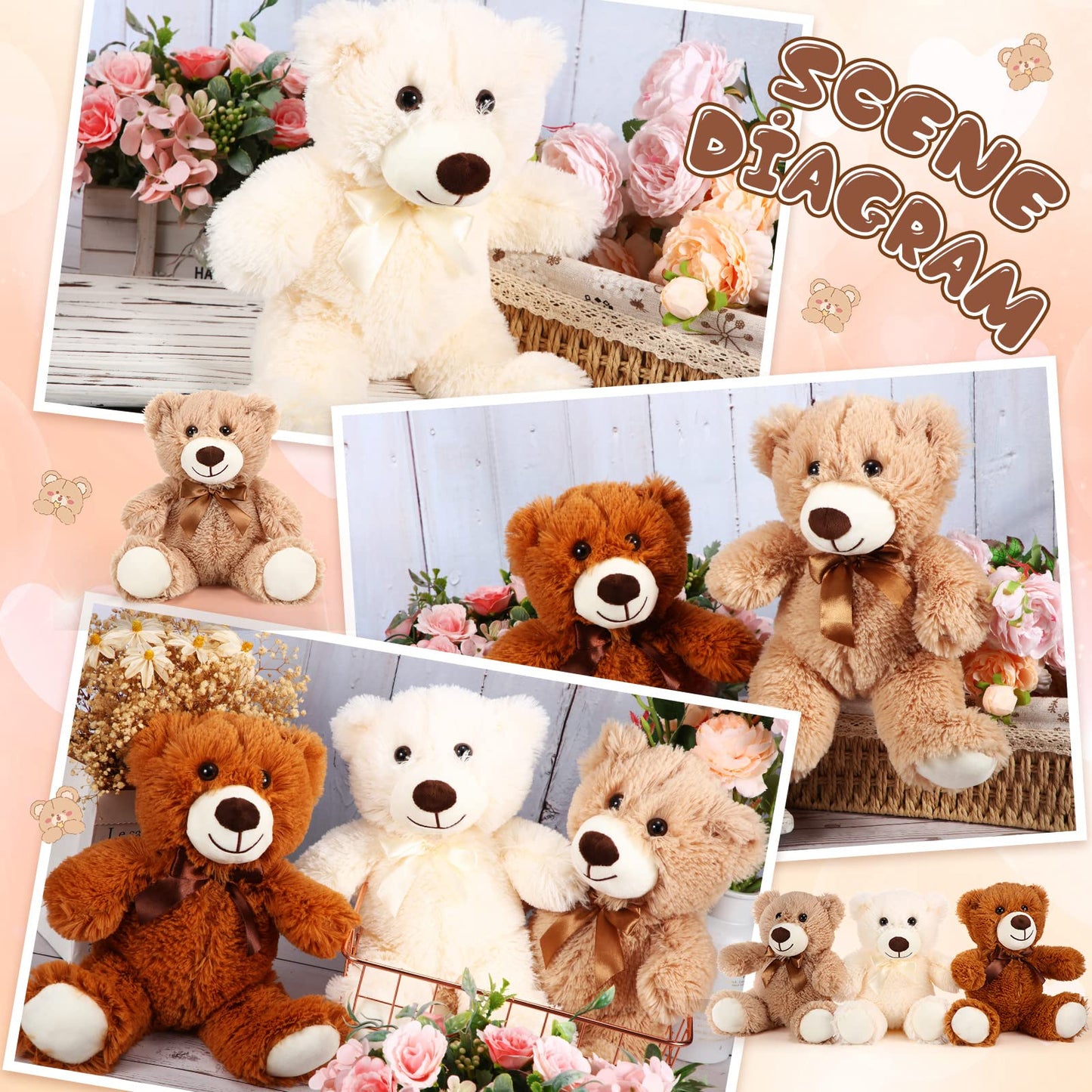 HyDren 6 Pcs Bear Stuffed Animals – Soft Plush Bears for Sleep, Play, and Decor