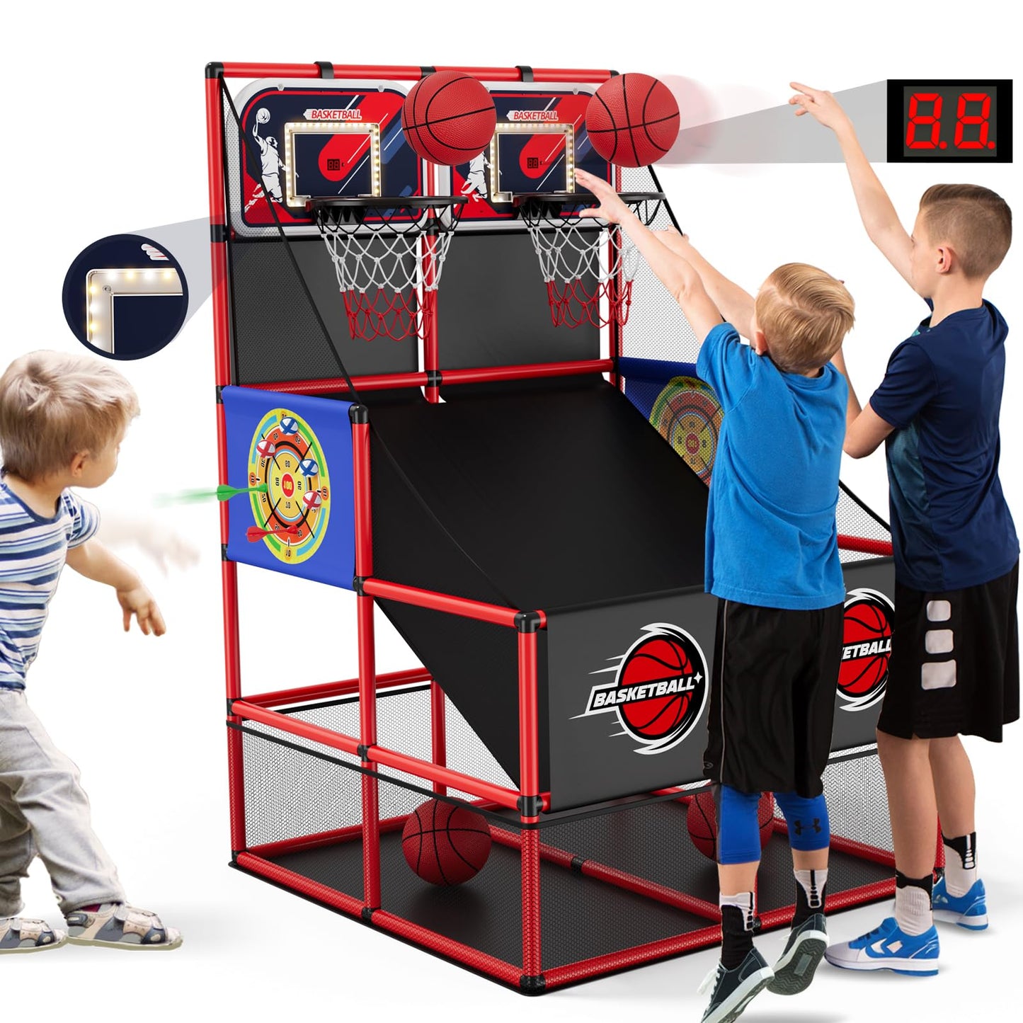 HYES 2-in-1 Dual Shot Basketball Arcade Game with LED Scoreboard & Dart Boards – Indoor/Outdoor Kids Sport Toy
