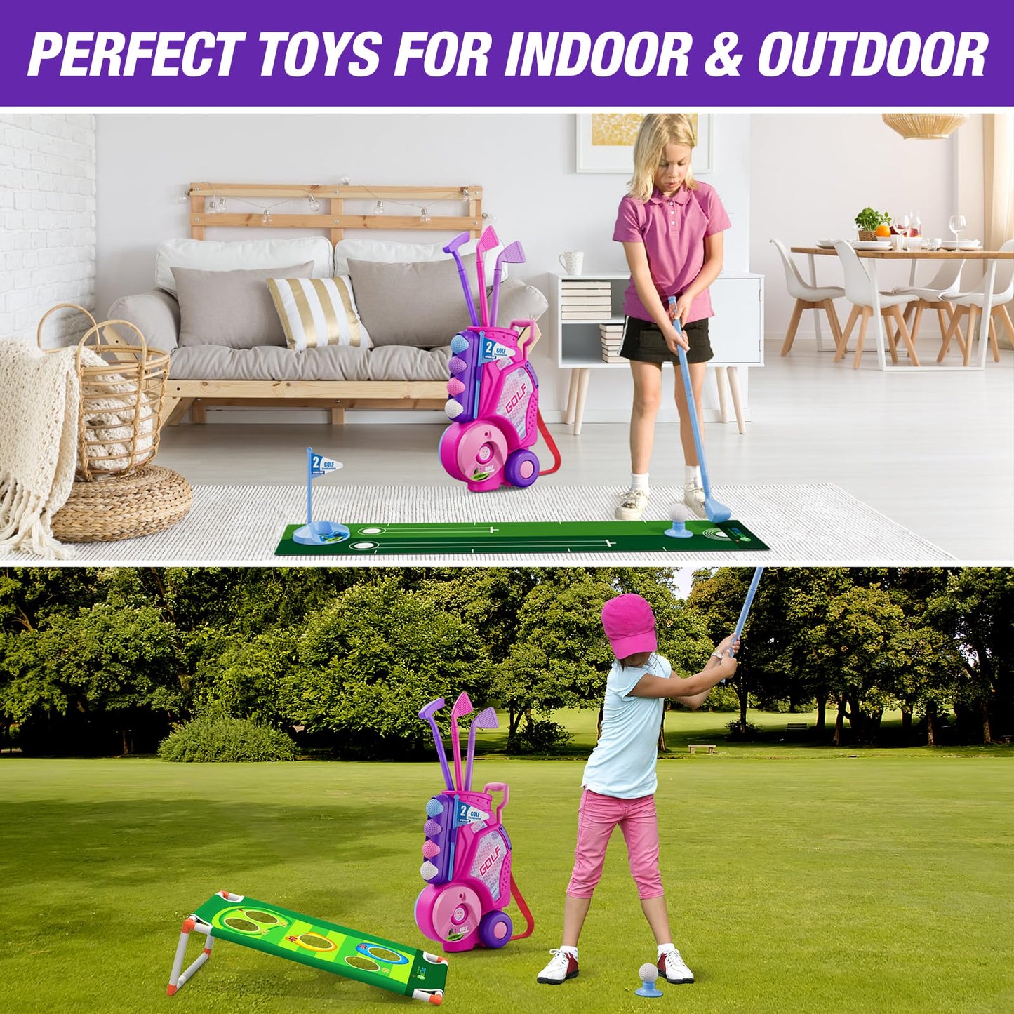 HYES 2 in 1 Toddler Golf Set Pink – Indoor Outdoor Kids Golf & Cornhole Game, 12 Balls, 4 Clubs, Carry Cart