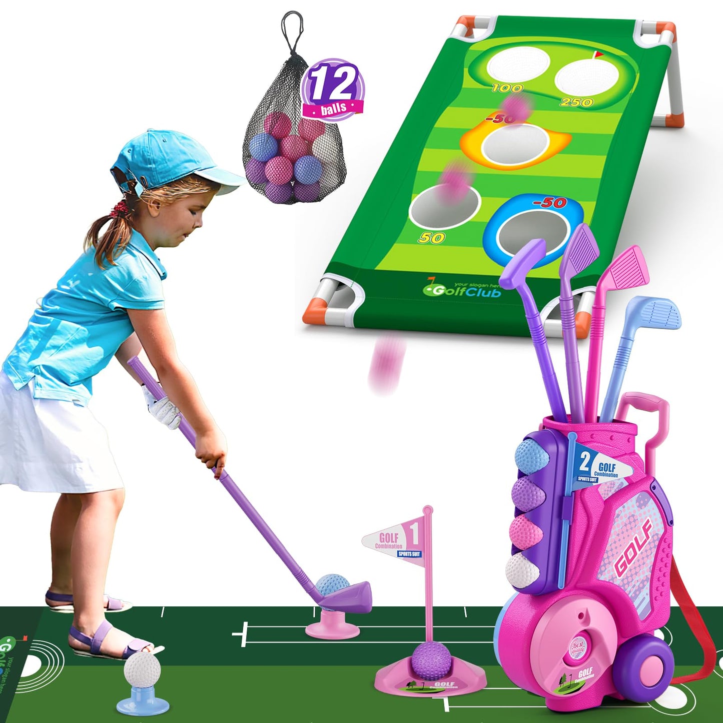 HYES 2 in 1 Toddler Golf Set Pink – Indoor Outdoor Kids Golf & Cornhole Game, 12 Balls, 4 Clubs, Carry Cart