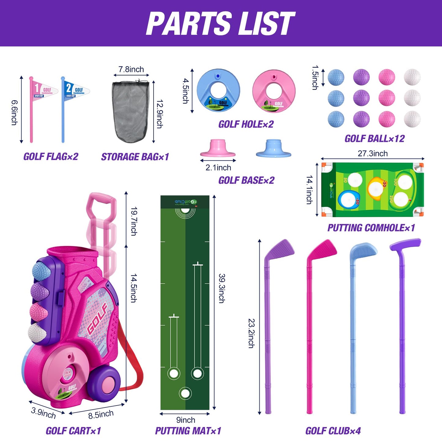 HYES 2 in 1 Toddler Golf Set Pink – Indoor Outdoor Kids Golf & Cornhole Game, 12 Balls, 4 Clubs, Carry Cart