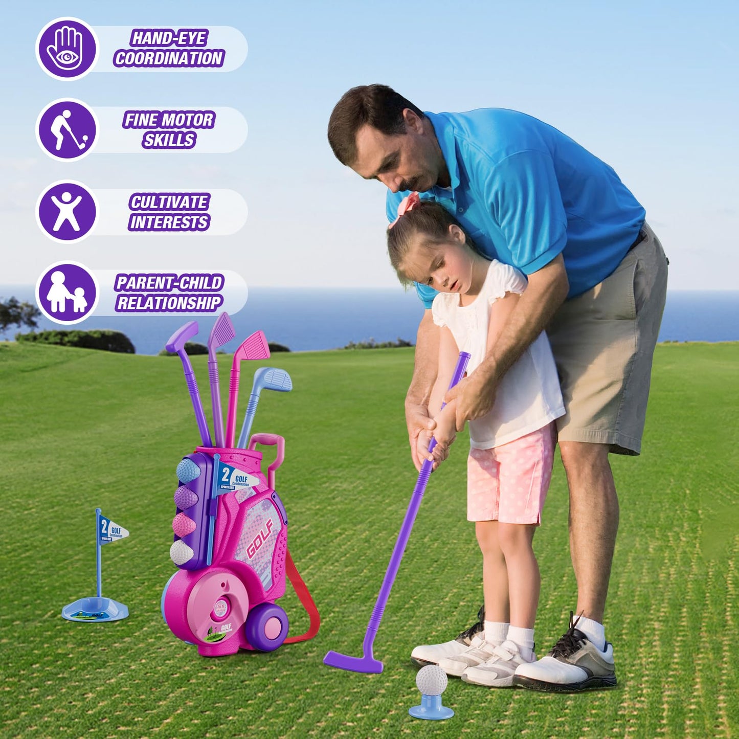 HYES 2 in 1 Toddler Golf Set Pink – Indoor Outdoor Kids Golf & Cornhole Game, 12 Balls, 4 Clubs, Carry Cart