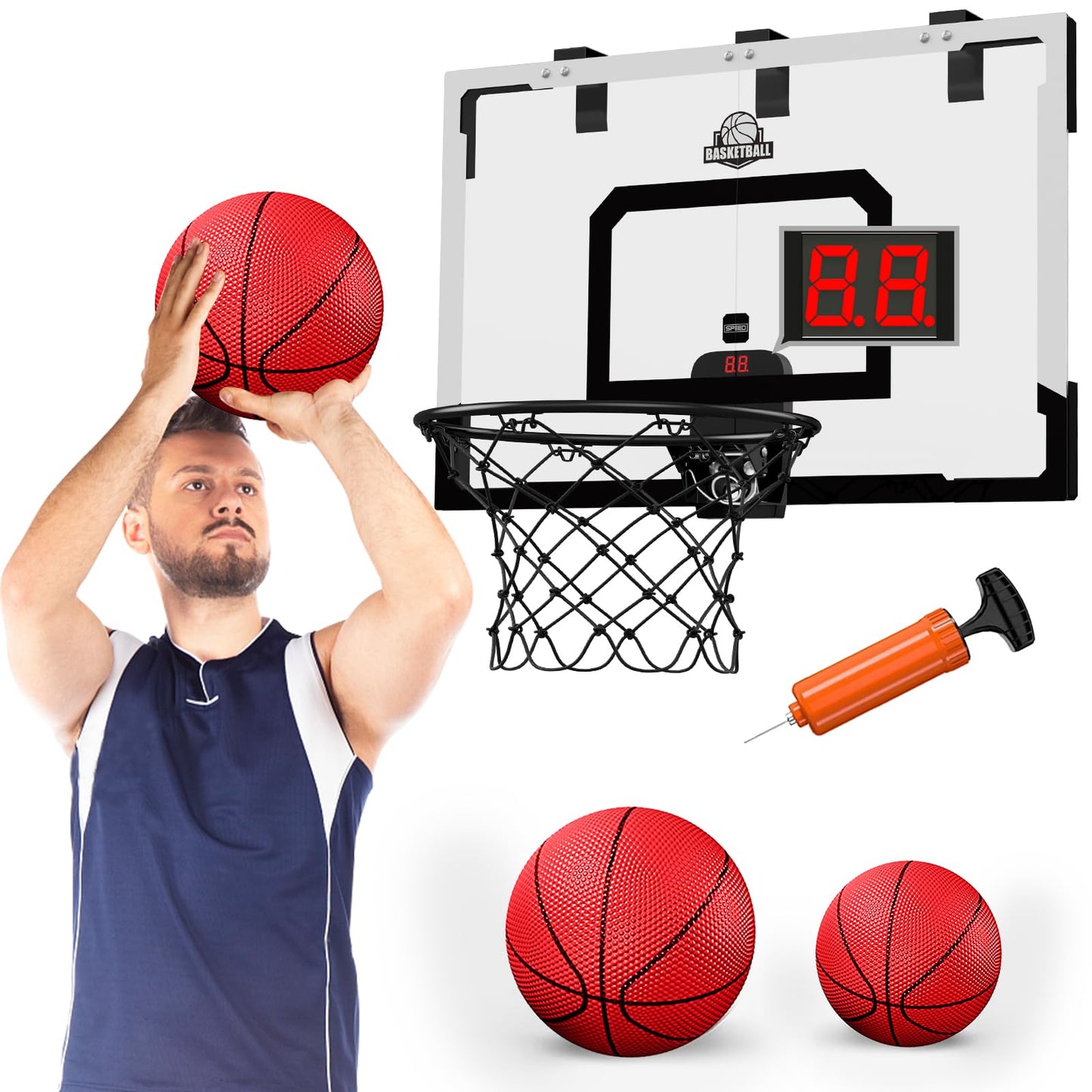 HYES 24x16 Large Indoor Basketball Hoop – Over-The-Door with Electronic Scoreboard