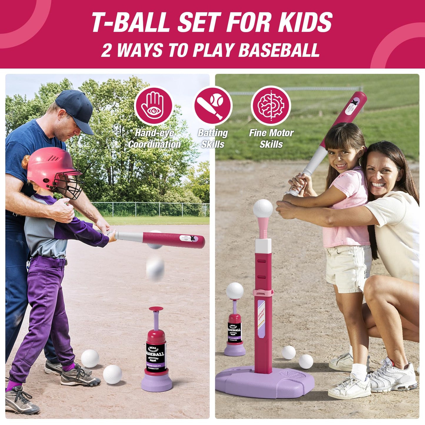 HYES 2 in 1 Kids Basketball Hoop & T Ball Set - Adjustable Height, Indoor/Outdoor Play for Kids 3-8