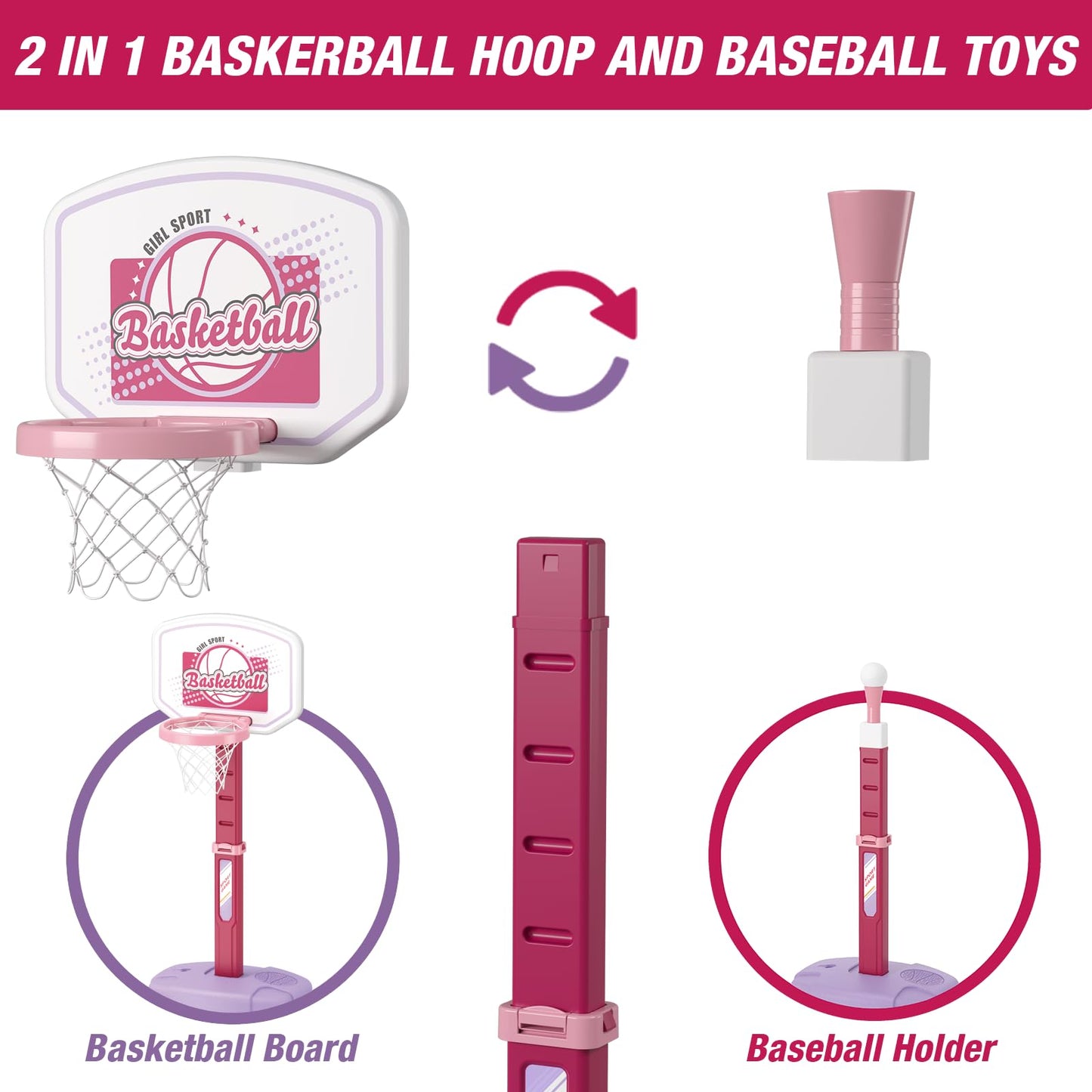HYES 2 in 1 Kids Basketball Hoop & T Ball Set - Adjustable Height, Indoor/Outdoor Play for Kids 3-8
