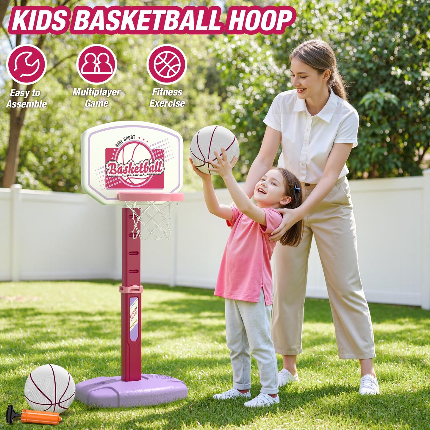 HYES 2 in 1 Kids Basketball Hoop & T Ball Set - Adjustable Height, Indoor/Outdoor Play for Kids 3-8