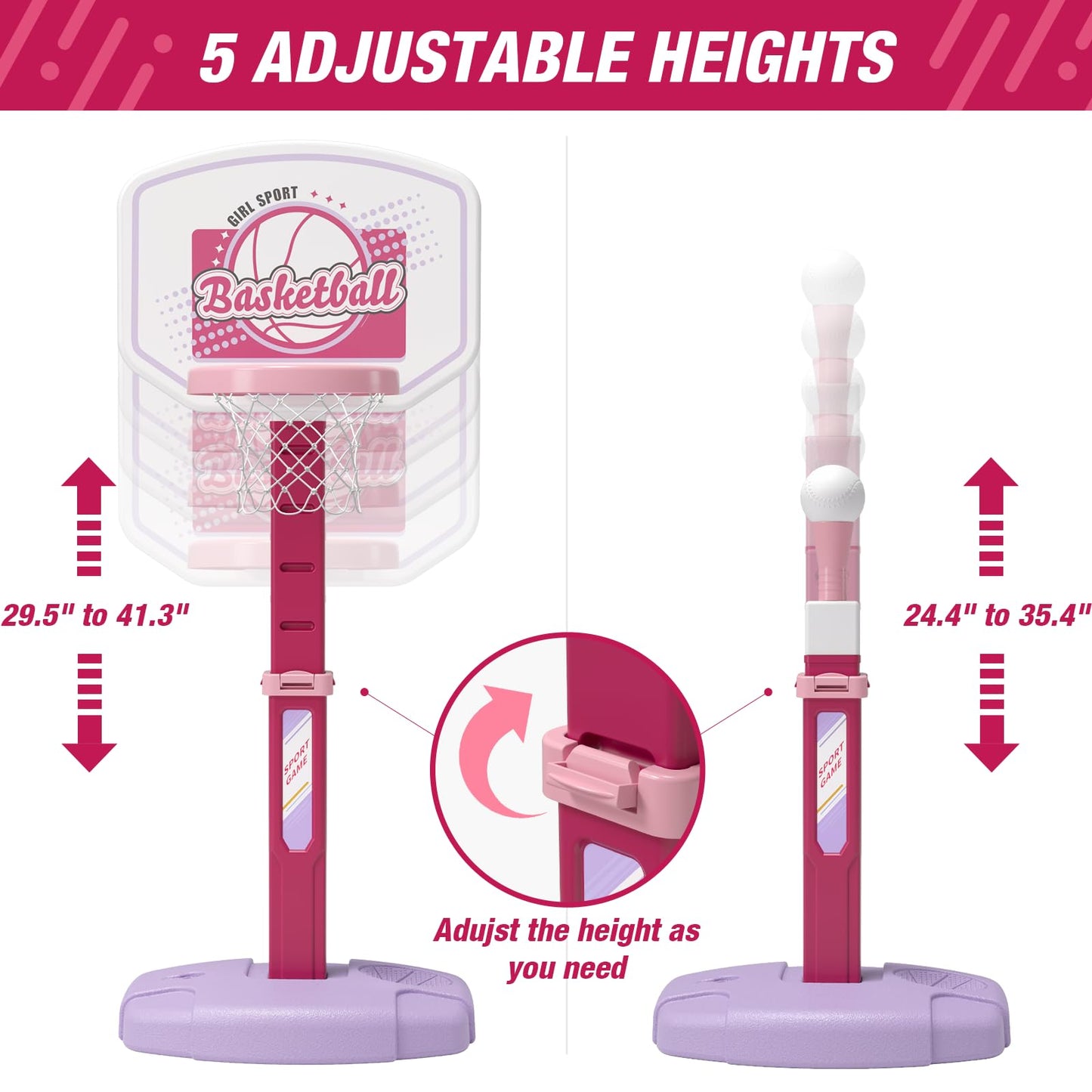 HYES 2 in 1 Kids Basketball Hoop & T Ball Set - Adjustable Height, Indoor/Outdoor Play for Kids 3-8