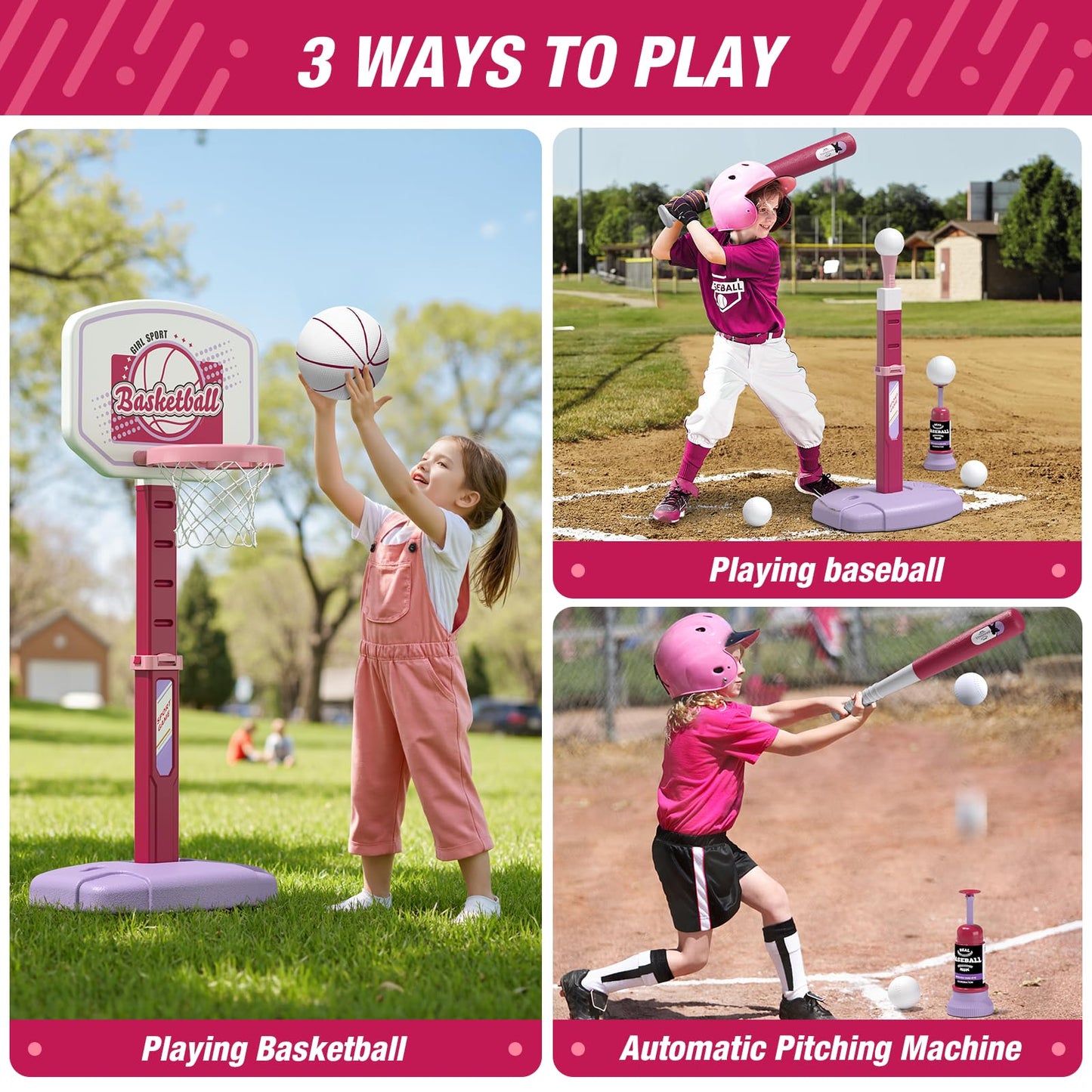 HYES 2 in 1 Kids Basketball Hoop & T Ball Set - Adjustable Height, Indoor/Outdoor Play for Kids 3-8