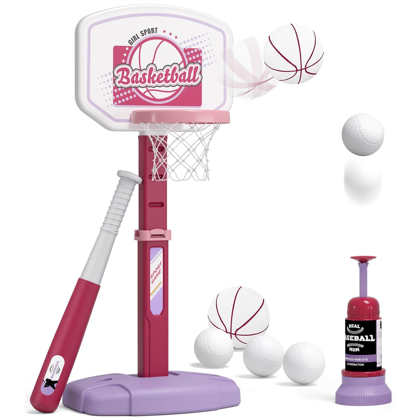 HYES 2 in 1 Kids Basketball Hoop & T Ball Set - Adjustable Height, Indoor/Outdoor Play for Kids 3-8