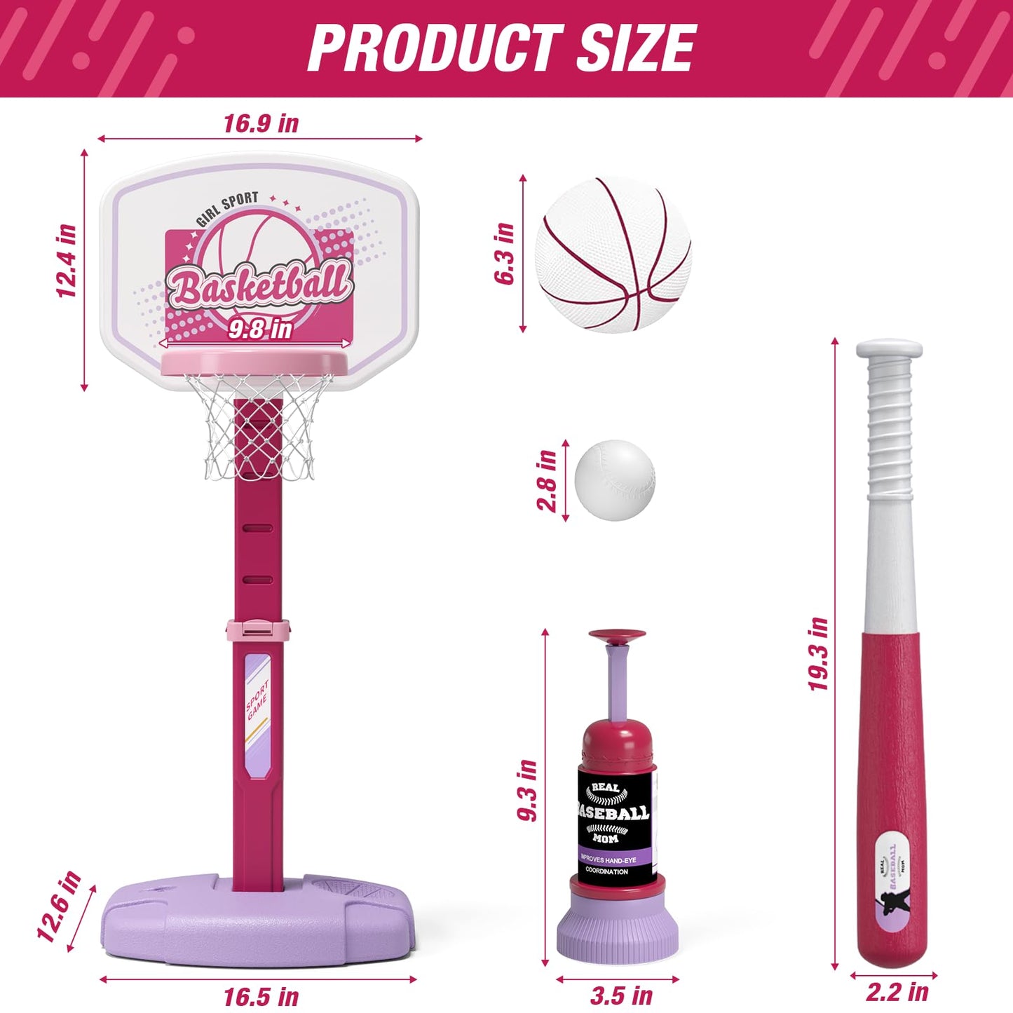 HYES 2 in 1 Kids Basketball Hoop & T Ball Set - Adjustable Height, Indoor/Outdoor Play for Kids 3-8