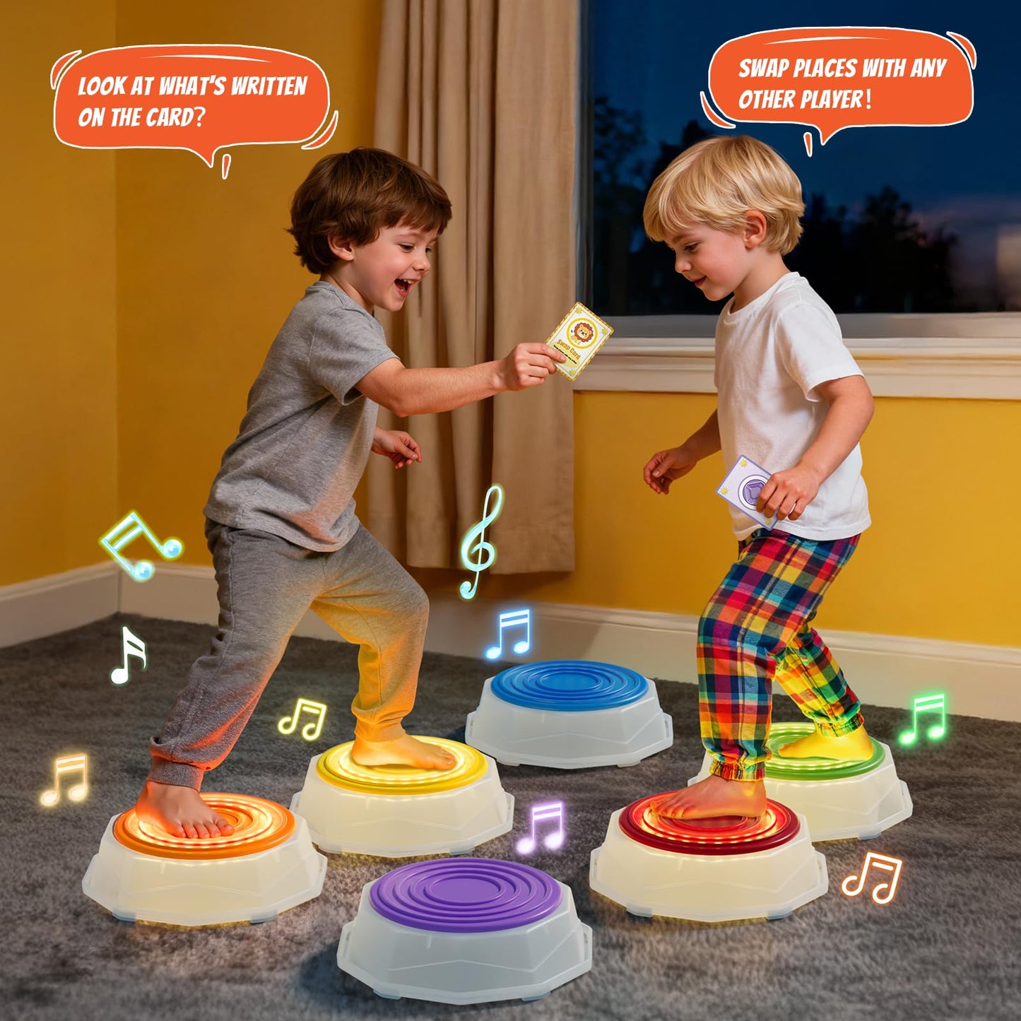 HYES Light Up Stepping Stones for Kids – 6 Pack Musical, Non-Slip, Stackable Toddler Obstacle Course