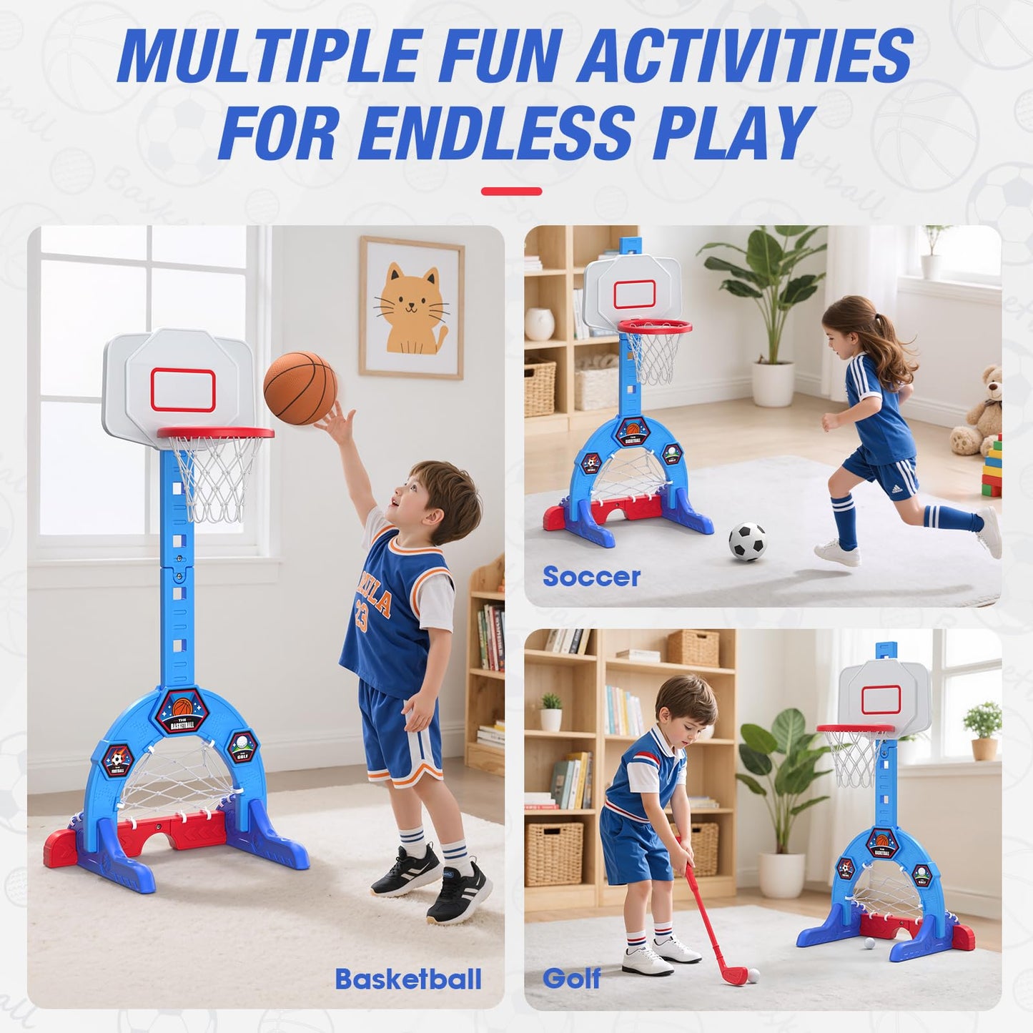 HYES Toddler Basketball Hoop – 3-in-1 Sports Center with Soccer Goal & Golf, 5-Height Adjustable Indoor/Outdoor Playset (Blue)
