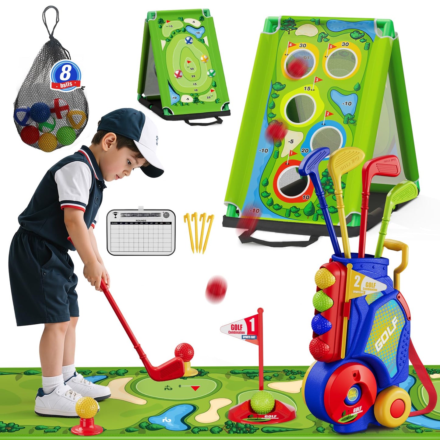 HYES 3-in-1 Toddler Golf Set with Putting Mat | Indoor/Outdoor Kids Golf Kit (Blue)