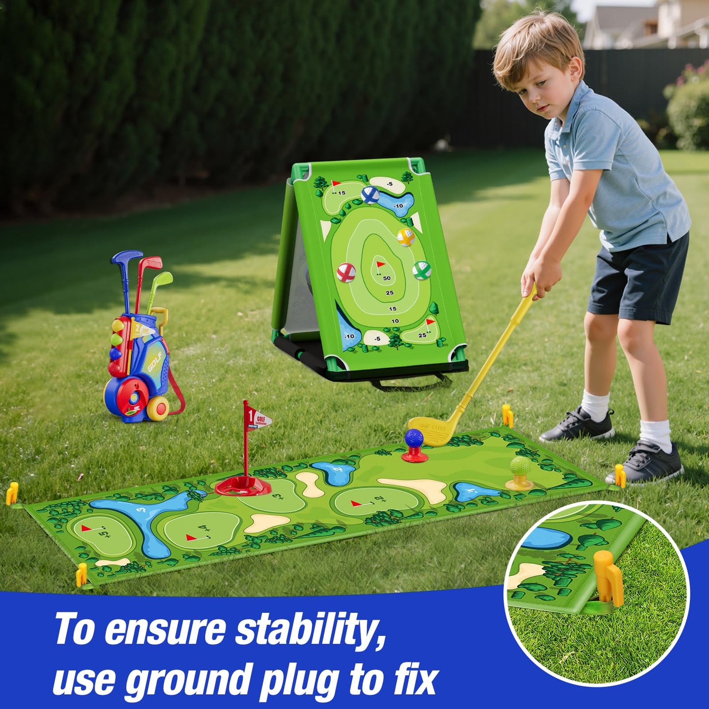 HYES 3-in-1 Toddler Golf Set with Putting Mat | Indoor/Outdoor Kids Golf Kit (Blue)