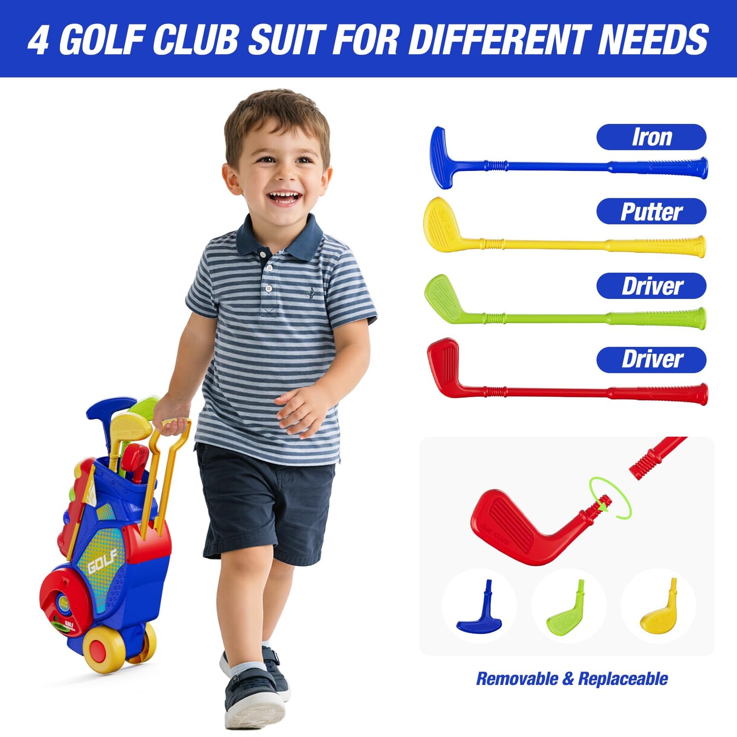 HYES 3-in-1 Toddler Golf Set with Putting Mat | Indoor/Outdoor Kids Golf Kit (Blue)