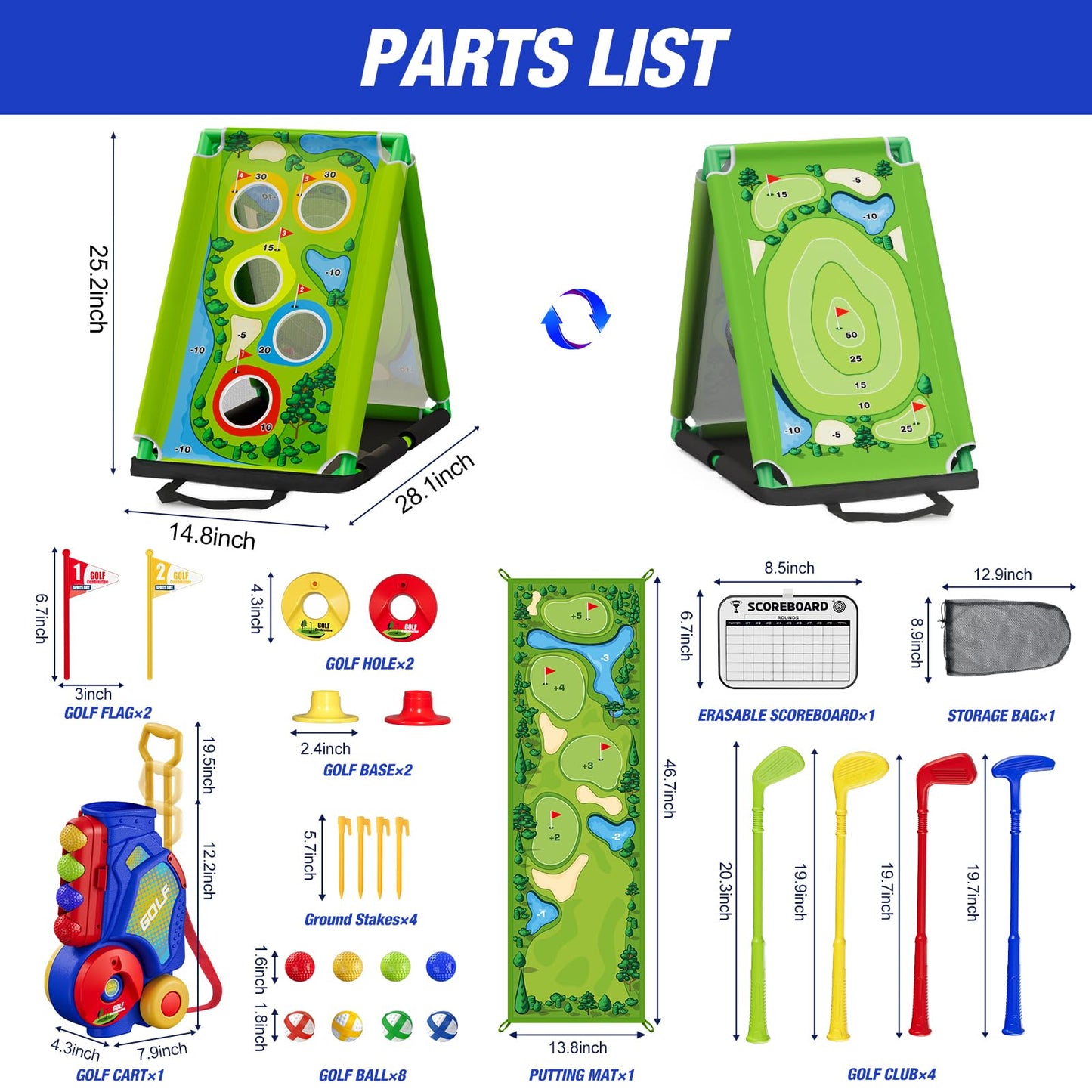 HYES 3-in-1 Toddler Golf Set with Putting Mat | Indoor/Outdoor Kids Golf Kit (Blue)