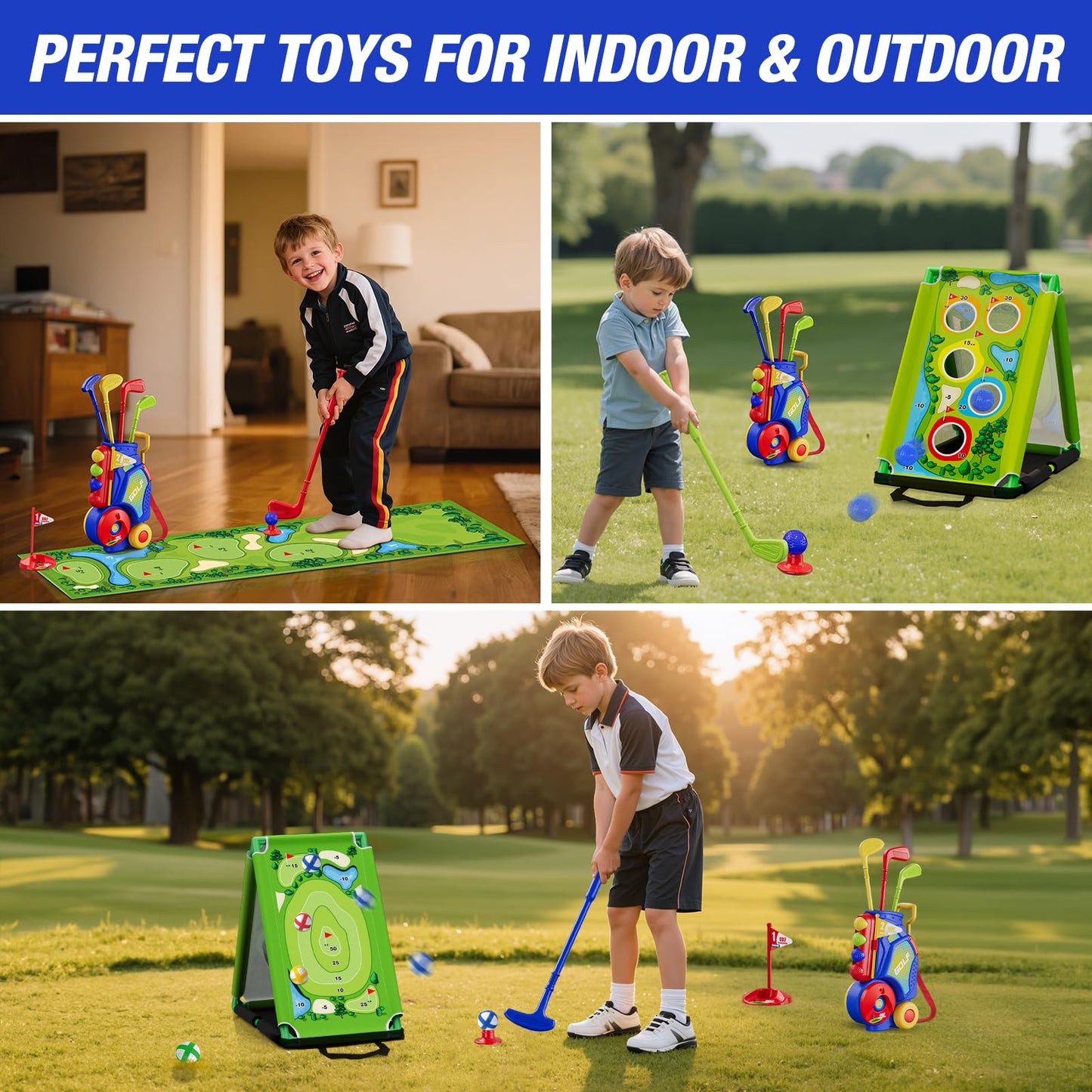 HYES 3-in-1 Toddler Golf Set with Putting Mat | Indoor/Outdoor Kids Golf Kit (Blue)