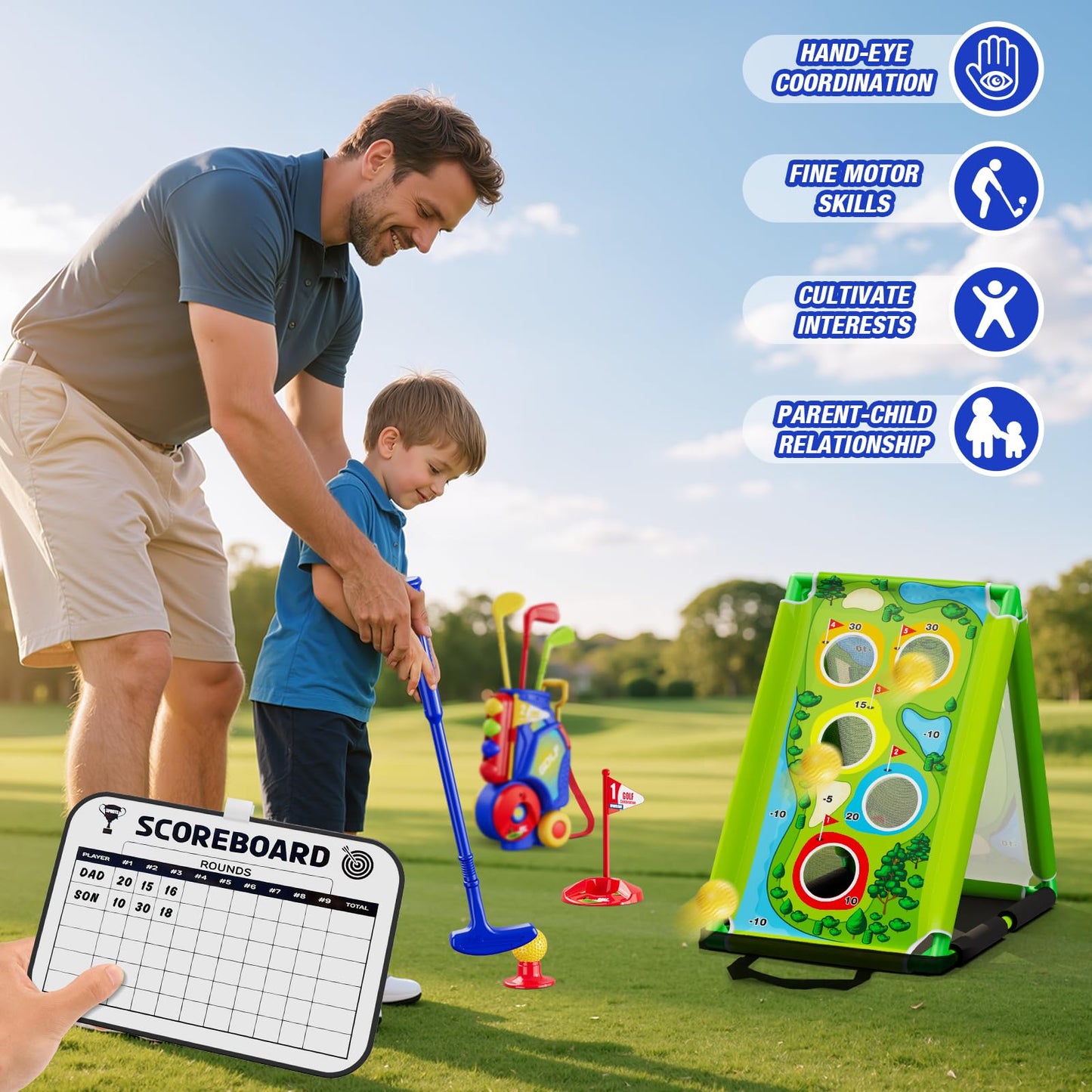 HYES 3-in-1 Toddler Golf Set with Putting Mat | Indoor/Outdoor Kids Golf Kit (Blue)
