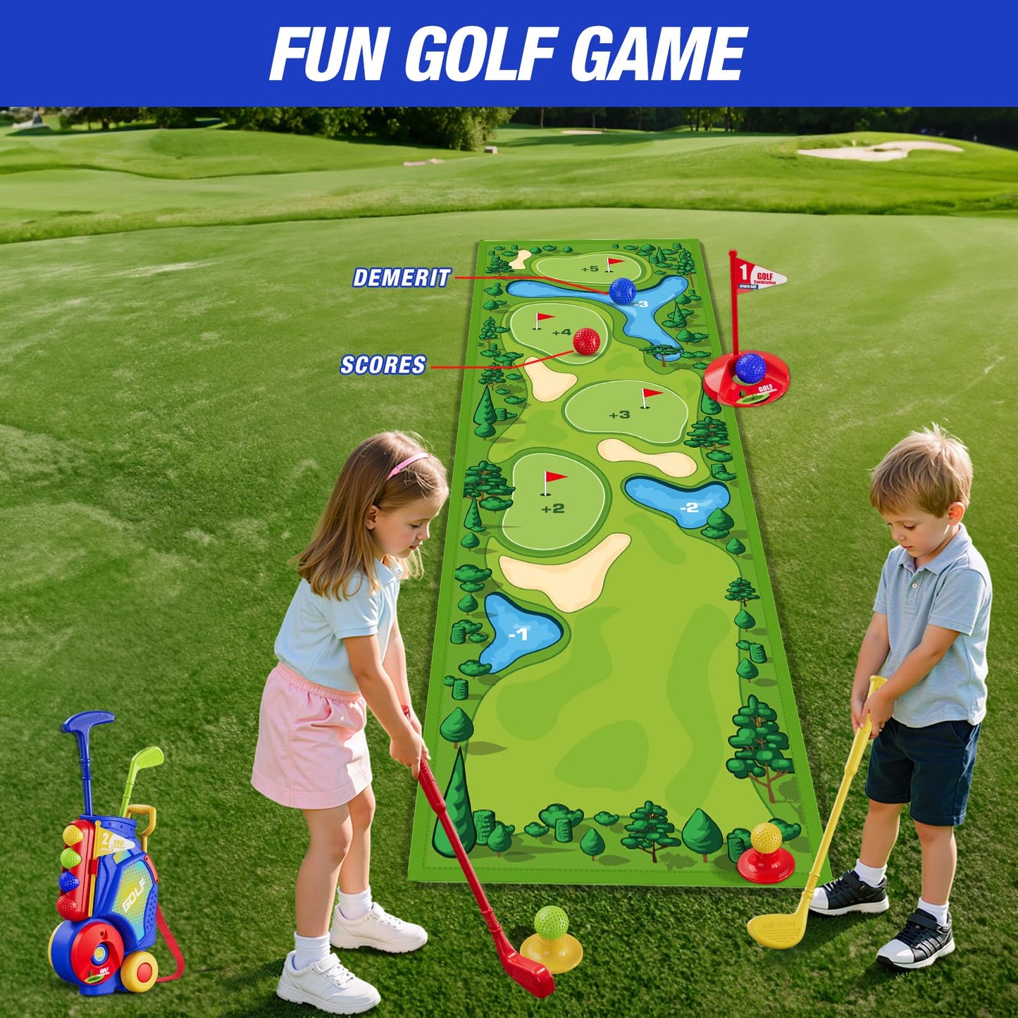 HYES 3-in-1 Toddler Golf Set with Putting Mat | Indoor/Outdoor Kids Golf Kit (Blue)
