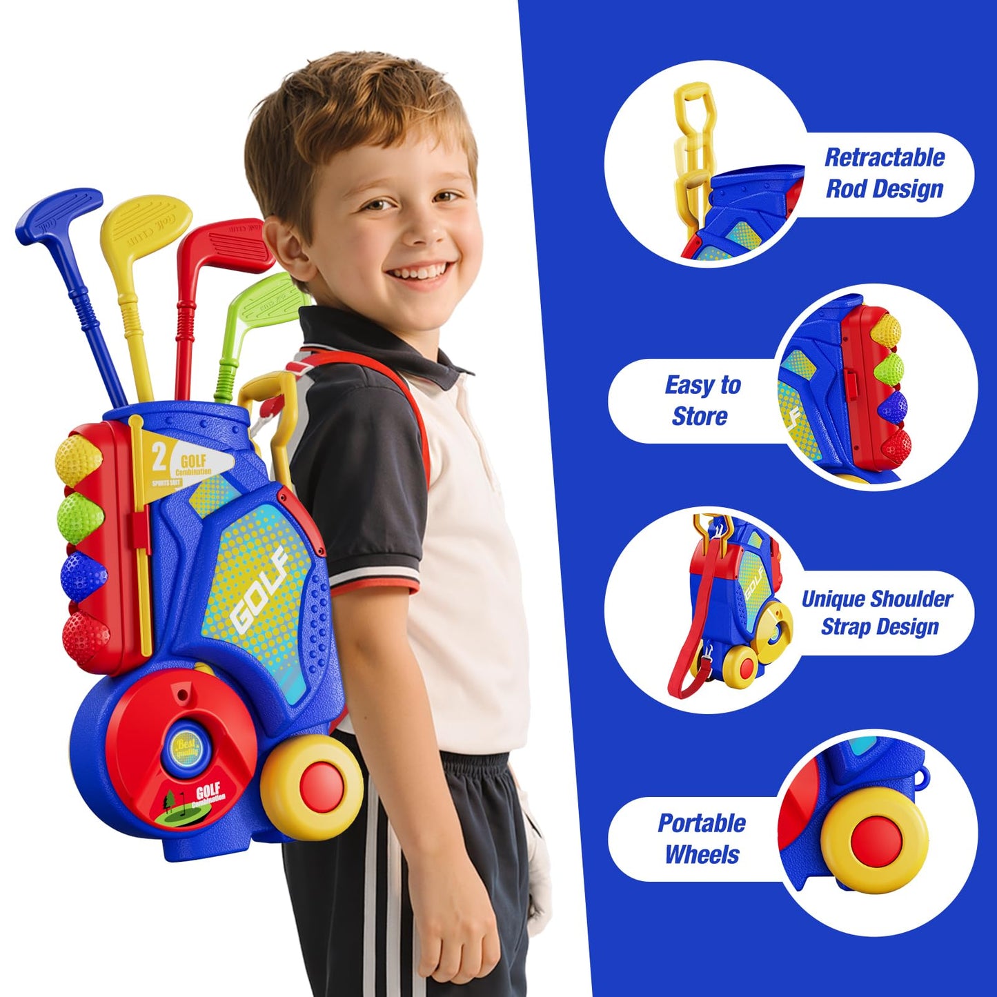 HYES 3-in-1 Toddler Golf Set with Putting Mat | Indoor/Outdoor Kids Golf Kit (Blue)