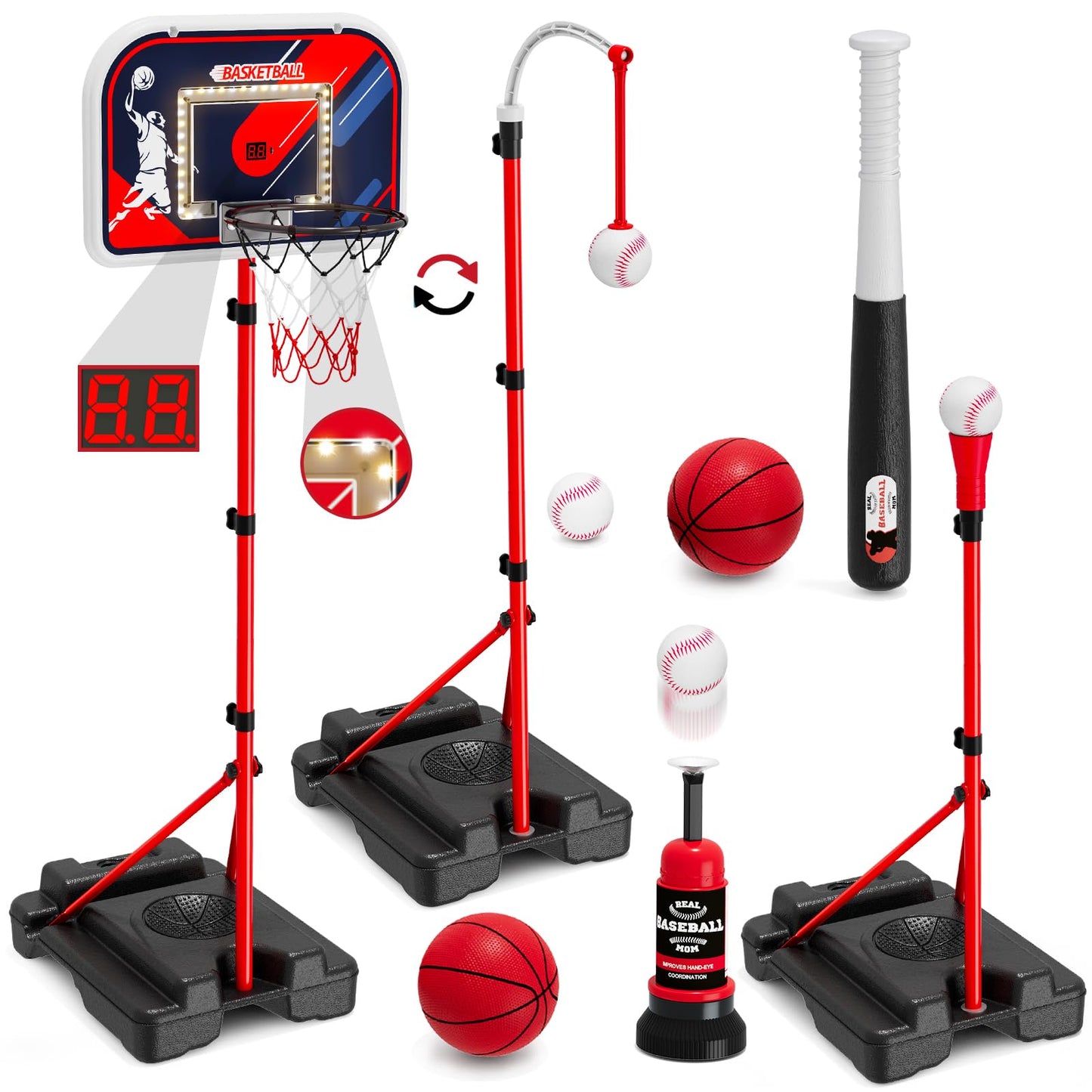 HYES 4-in-1 Kids Basketball Hoop & T-Ball Set – Adjustable Indoor/Outdoor Play for Ages 3-8