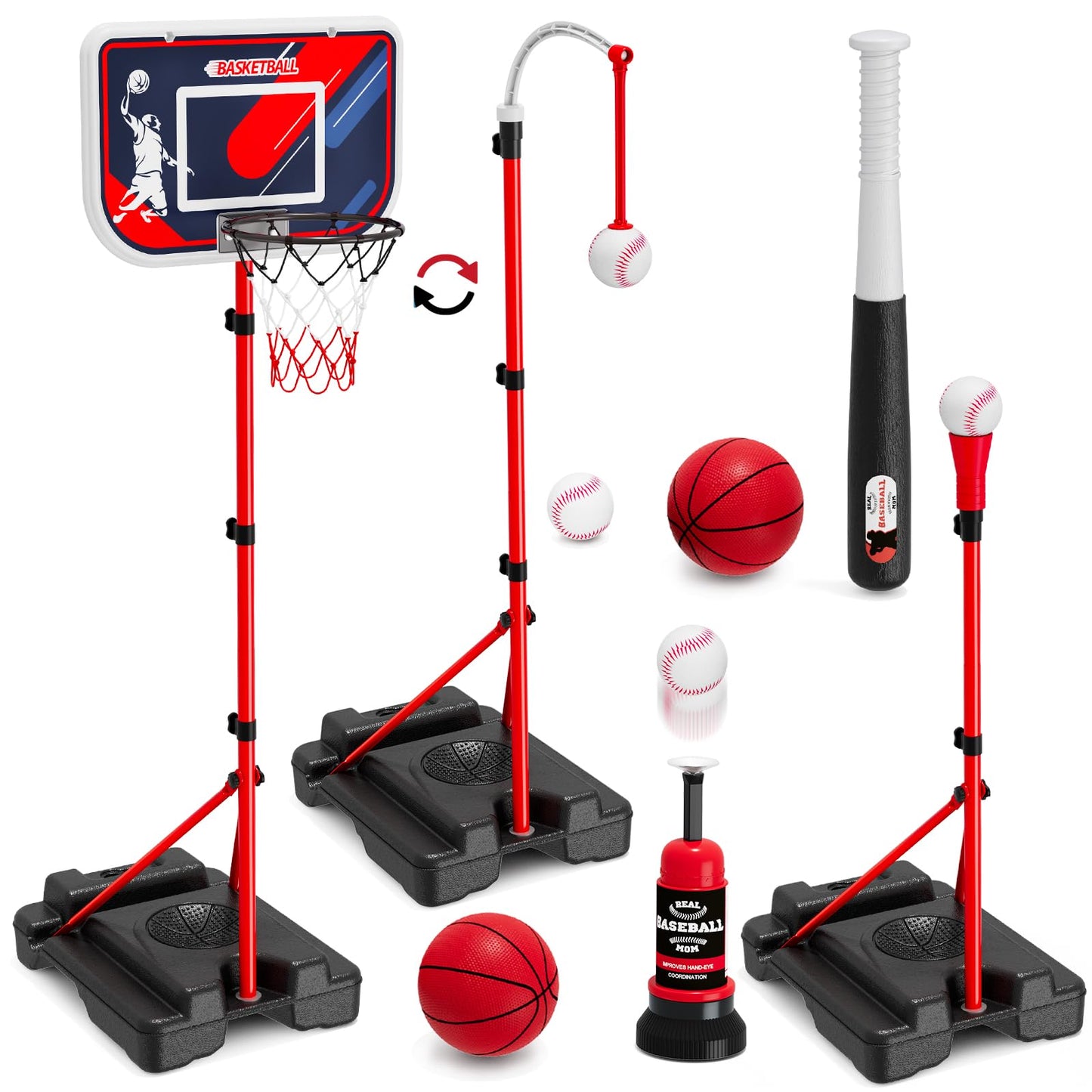 HYES 4 in 1 Kids Basketball Hoop & Tball Set for Toddlers 3-5 – Adjustable, Stable, Portable