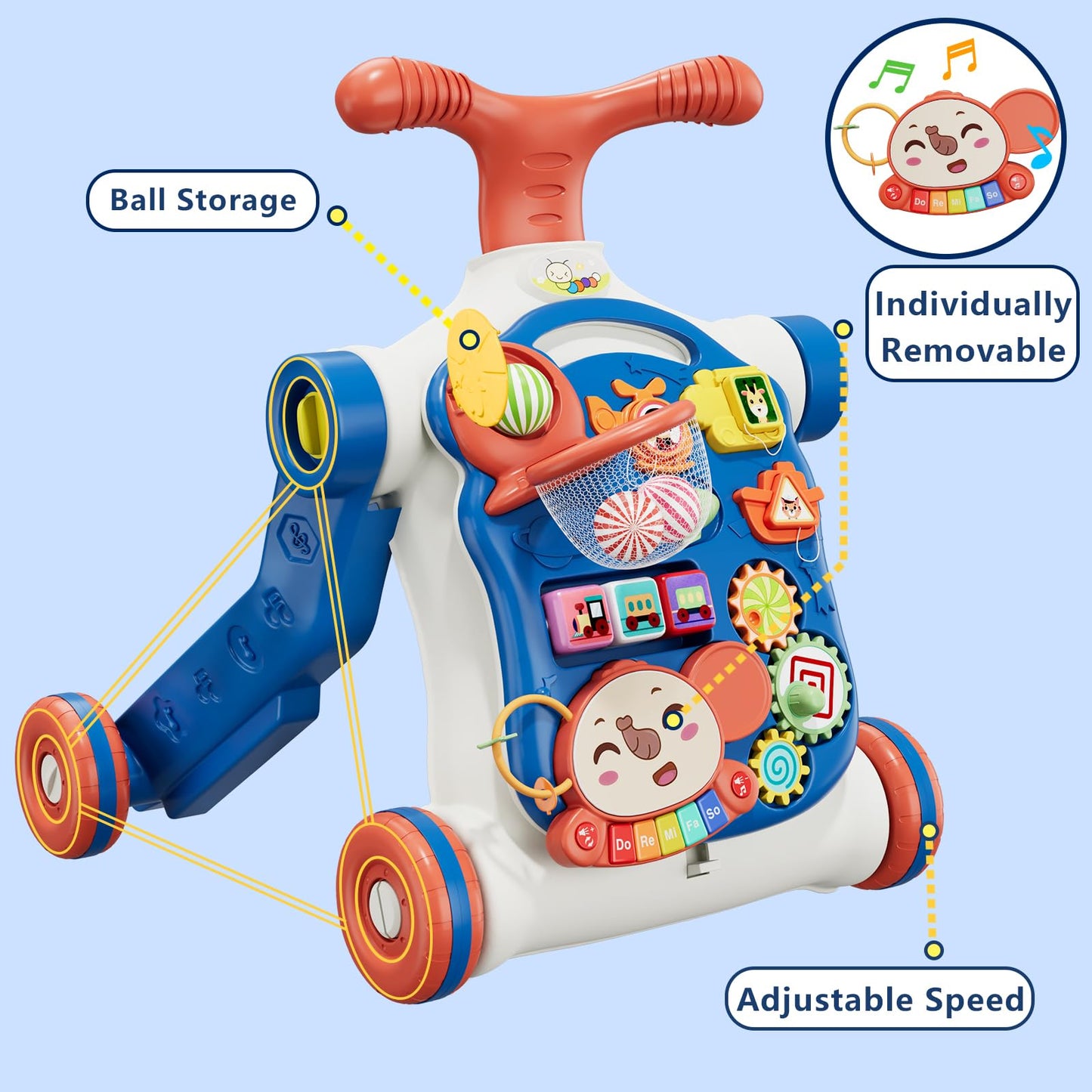 HYES 5 in 1 Baby Push Walker Blue – Sit-to-Stand Learning Toy for Toddlers