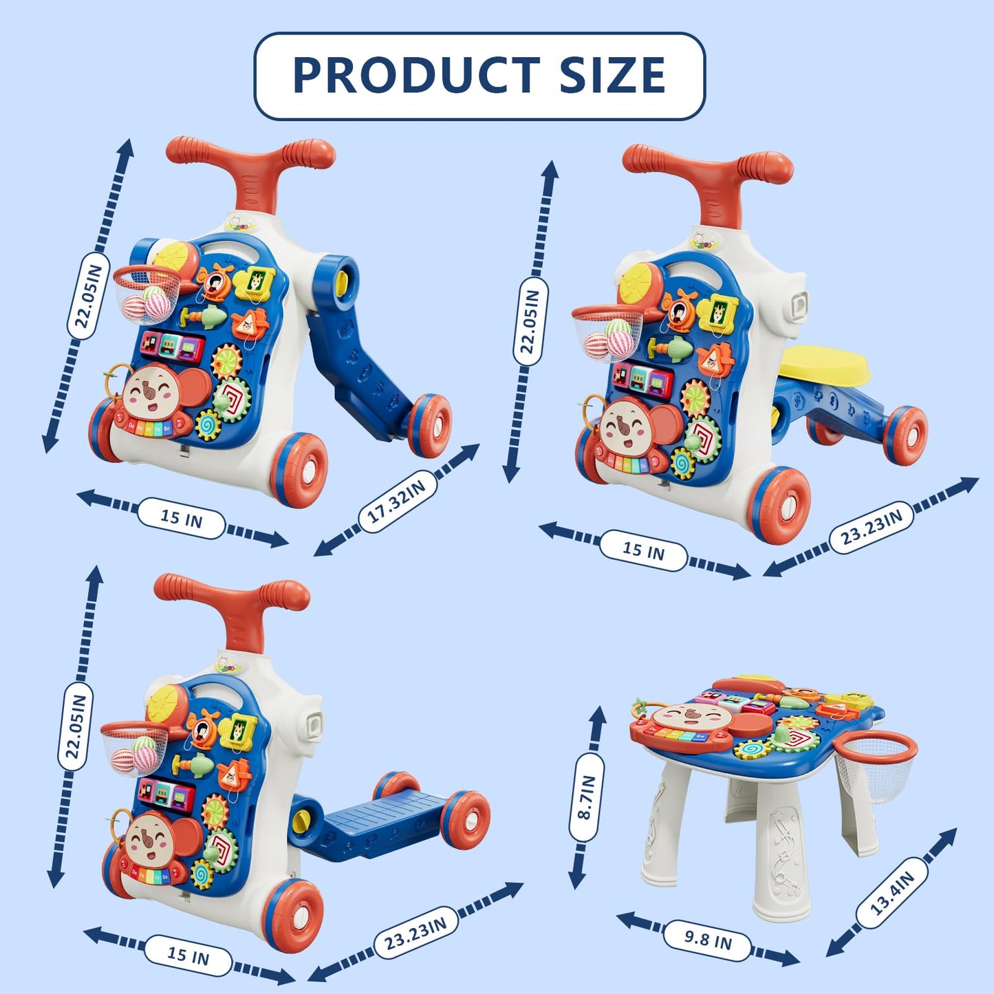 HYES 5 in 1 Baby Push Walker Blue – Sit-to-Stand Learning Toy for Toddlers