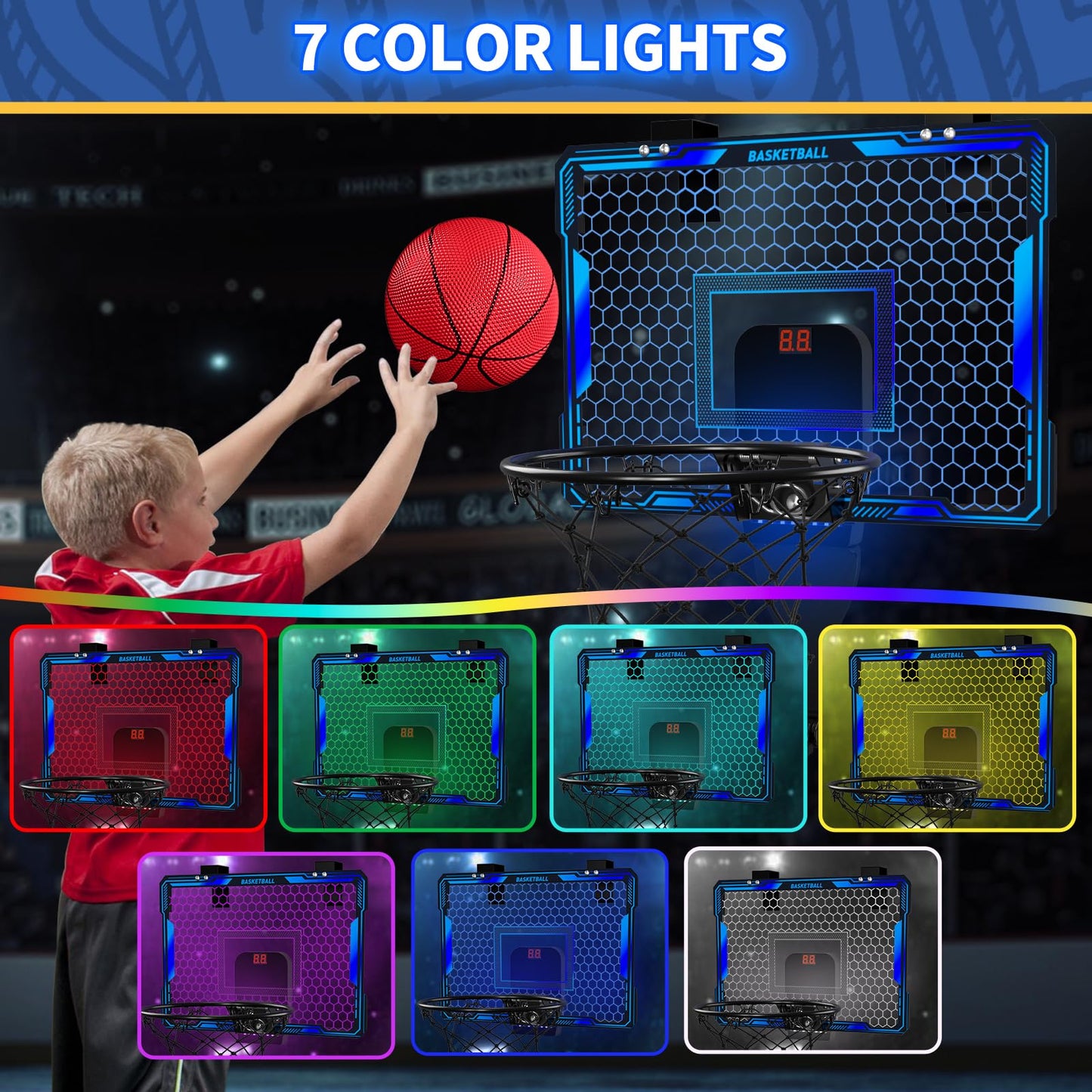 HYES Remote-Control Indoor Basketball Hoop with 7 LED Lights – Over-Door, 3 Modes, Blue