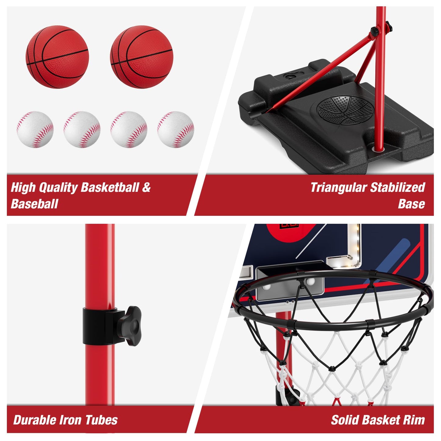 HYES 4-in-1 Kids Basketball Hoop & T-Ball Set – Adjustable Indoor/Outdoor Play for Ages 3-8