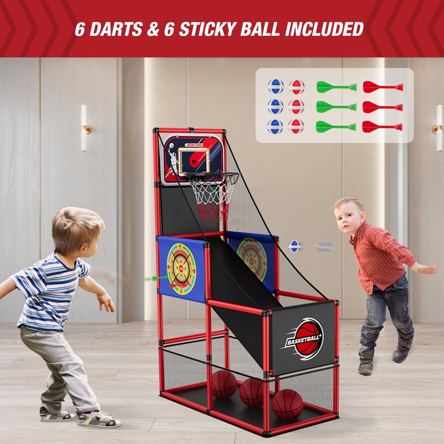 HYES Basketball Arcade Game – Indoor/Outdoor 2-in-1 with Darts, 4 Balls & Pump