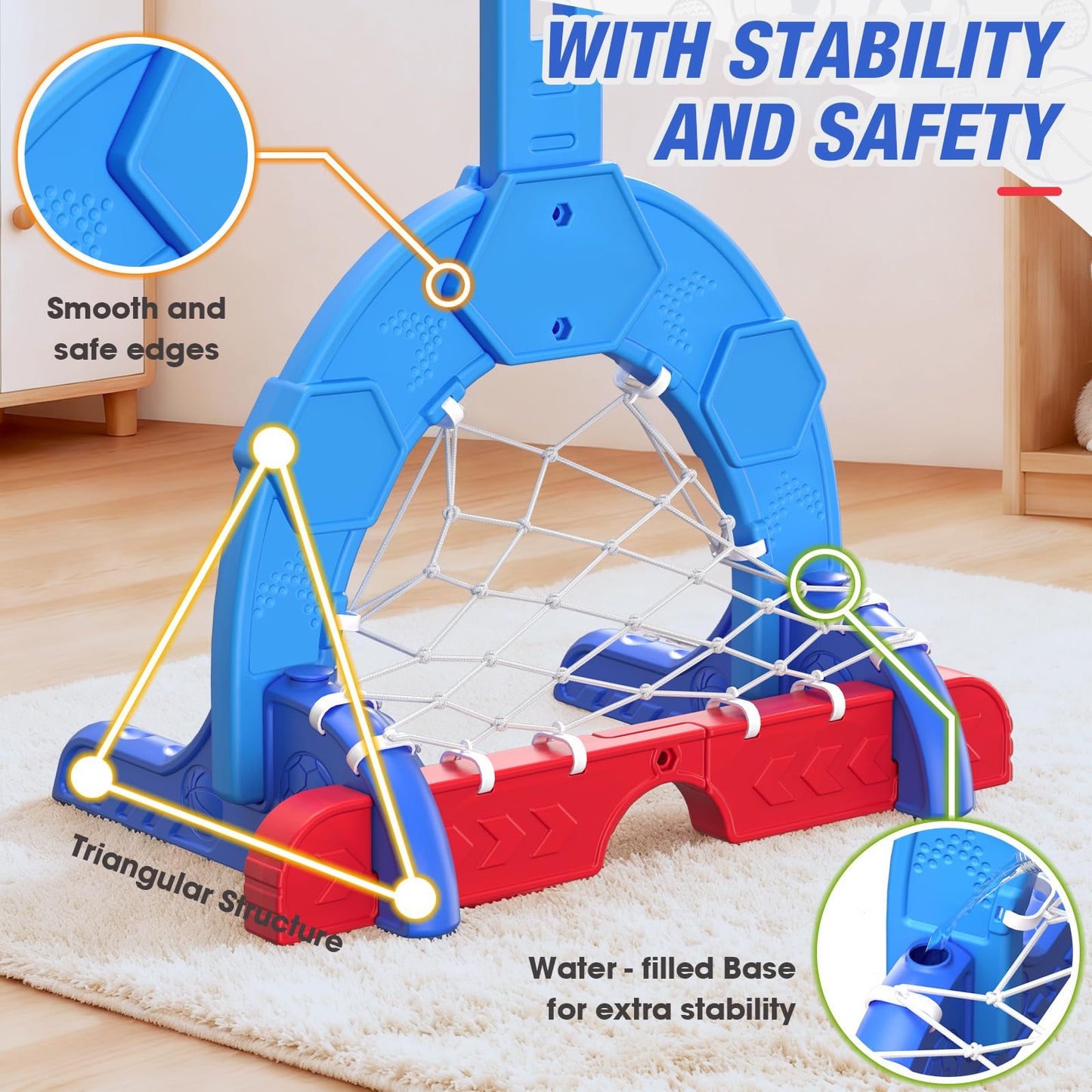 HYES Toddler Basketball Hoop – 3-in-1 Sports Center with Soccer Goal & Golf, 5-Height Adjustable Indoor/Outdoor Playset (Blue)