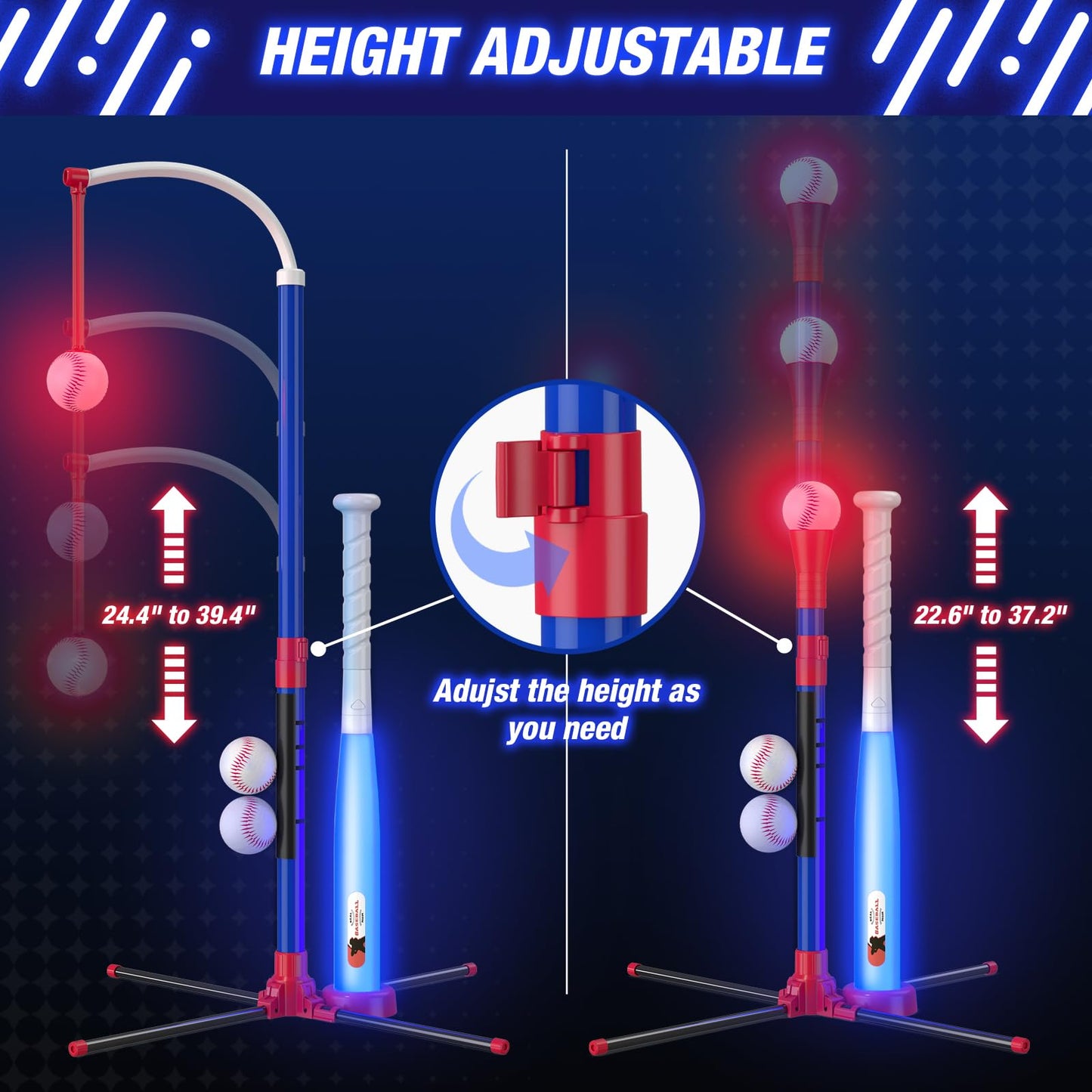 HYES 3-in-1 LED Baseball Set for Kids 3-5 | Adjustable Tee, Ball Launcher, Indoor/Outdoor
