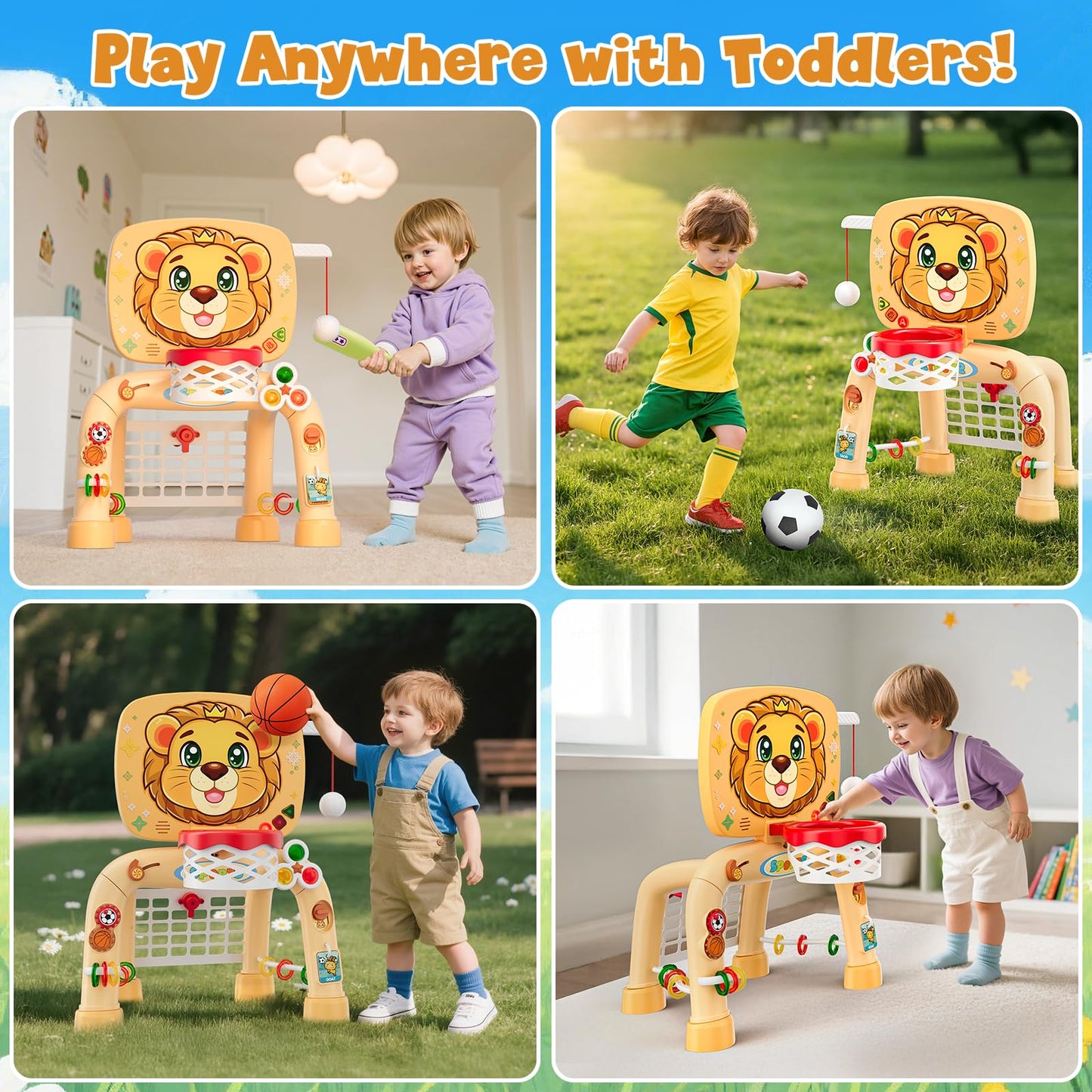 HYES 3-in-1 Toddler Sports Center: Basketball Hoop, Soccer Goal & Learning Abacus for Ages 1–3
