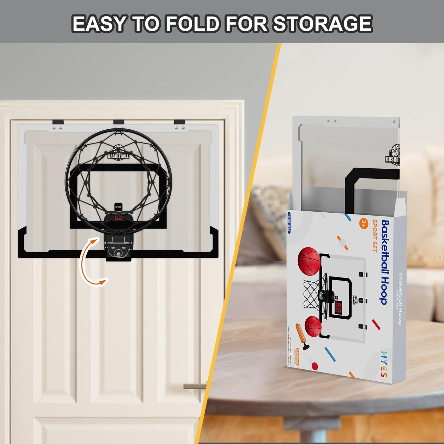 HYES 24x16 Large Indoor Basketball Hoop – Over-The-Door with Electronic Scoreboard