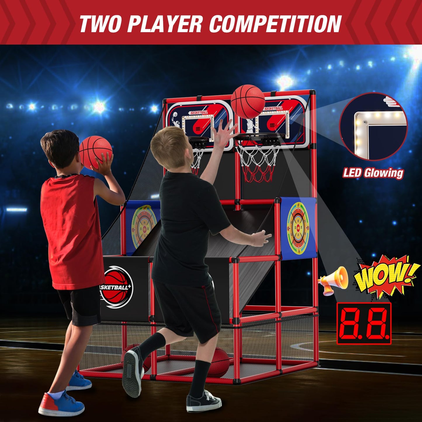 HYES 2-in-1 Dual Shot Basketball Arcade Game with LED Scoreboard & Dart Boards – Indoor/Outdoor Kids Sport Toy