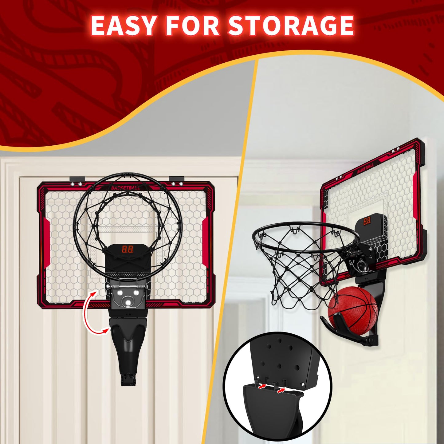 HYES Remote Control Indoor Basketball Hoop – 7 LED Lights, 3 Modes, Over-Door Mount (Red)