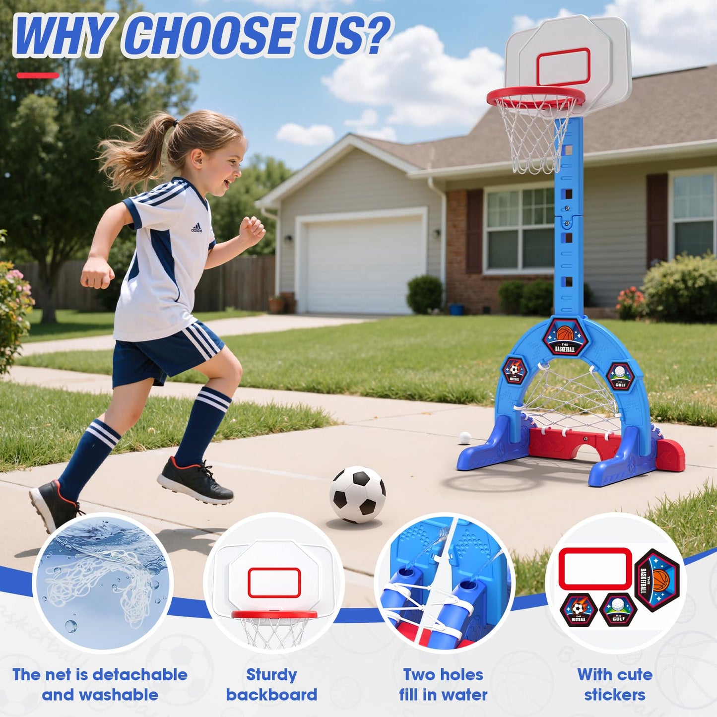 HYES Toddler Basketball Hoop – 3-in-1 Sports Center with Soccer Goal & Golf, 5-Height Adjustable Indoor/Outdoor Playset (Blue)